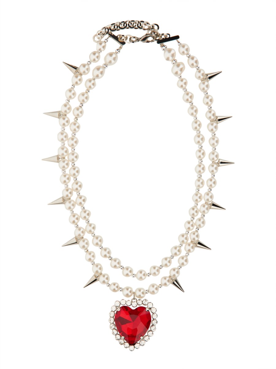 ALESSANDRA RICH PEARL NECKLACE WITH HEART AND METAL SPIKES