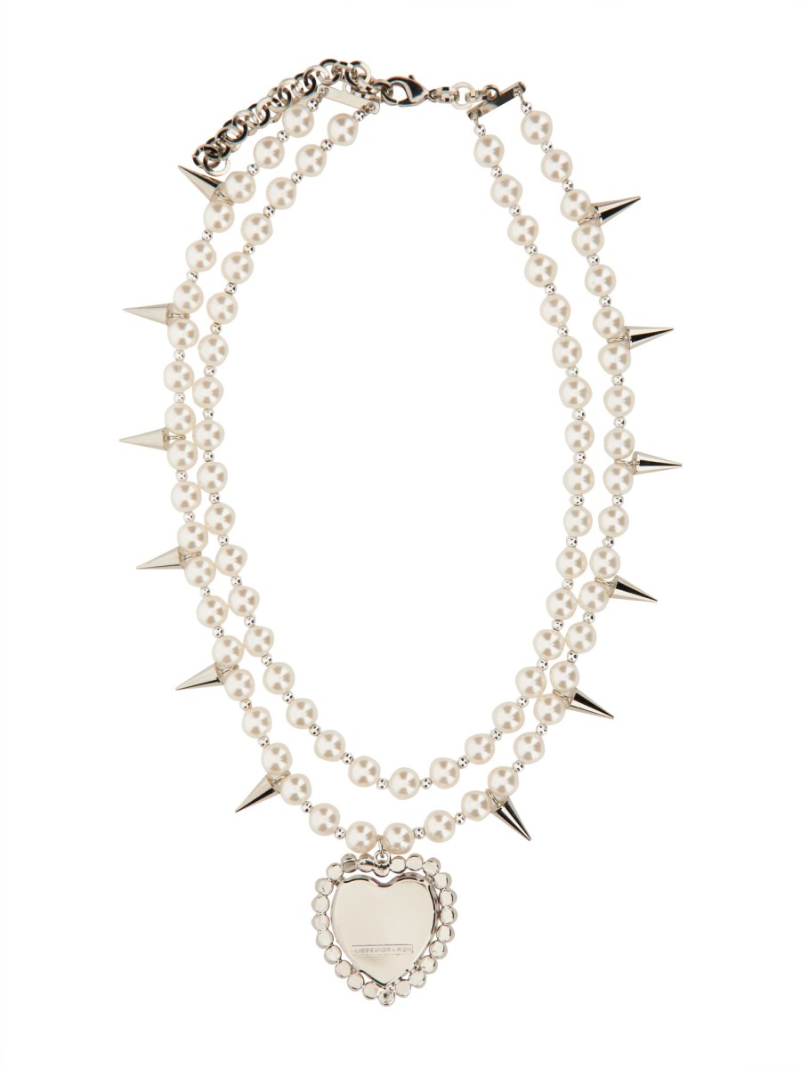 ALESSANDRA RICH PEARL NECKLACE WITH HEART AND METAL SPIKES