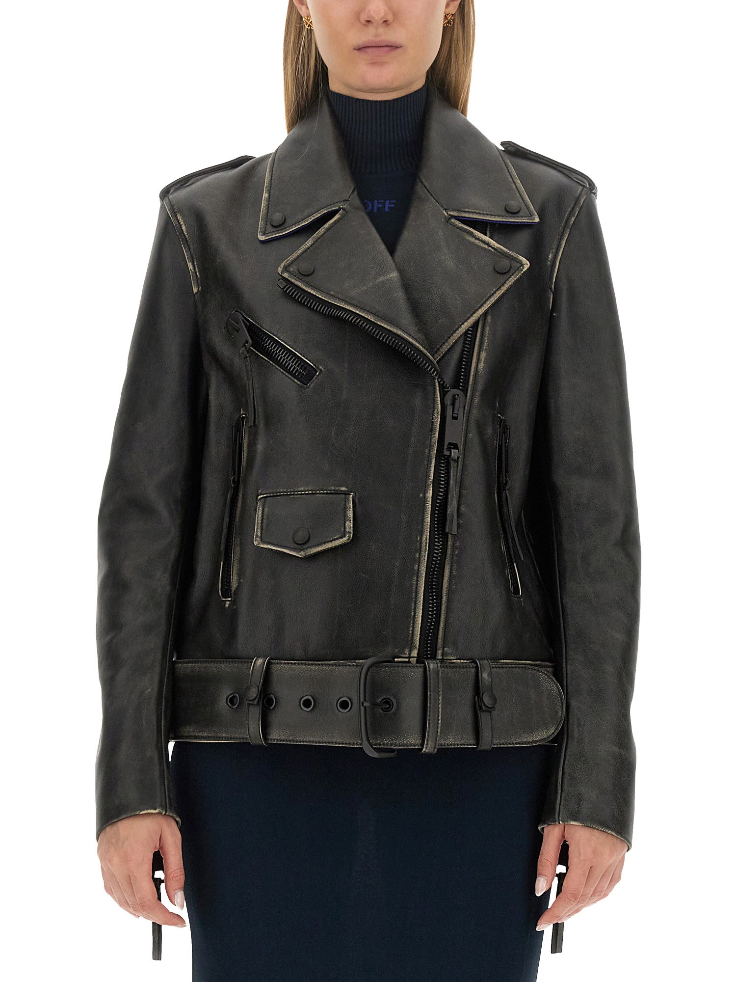 Off-white Leather Vintage Oversize Biker Jacket In Multicolour