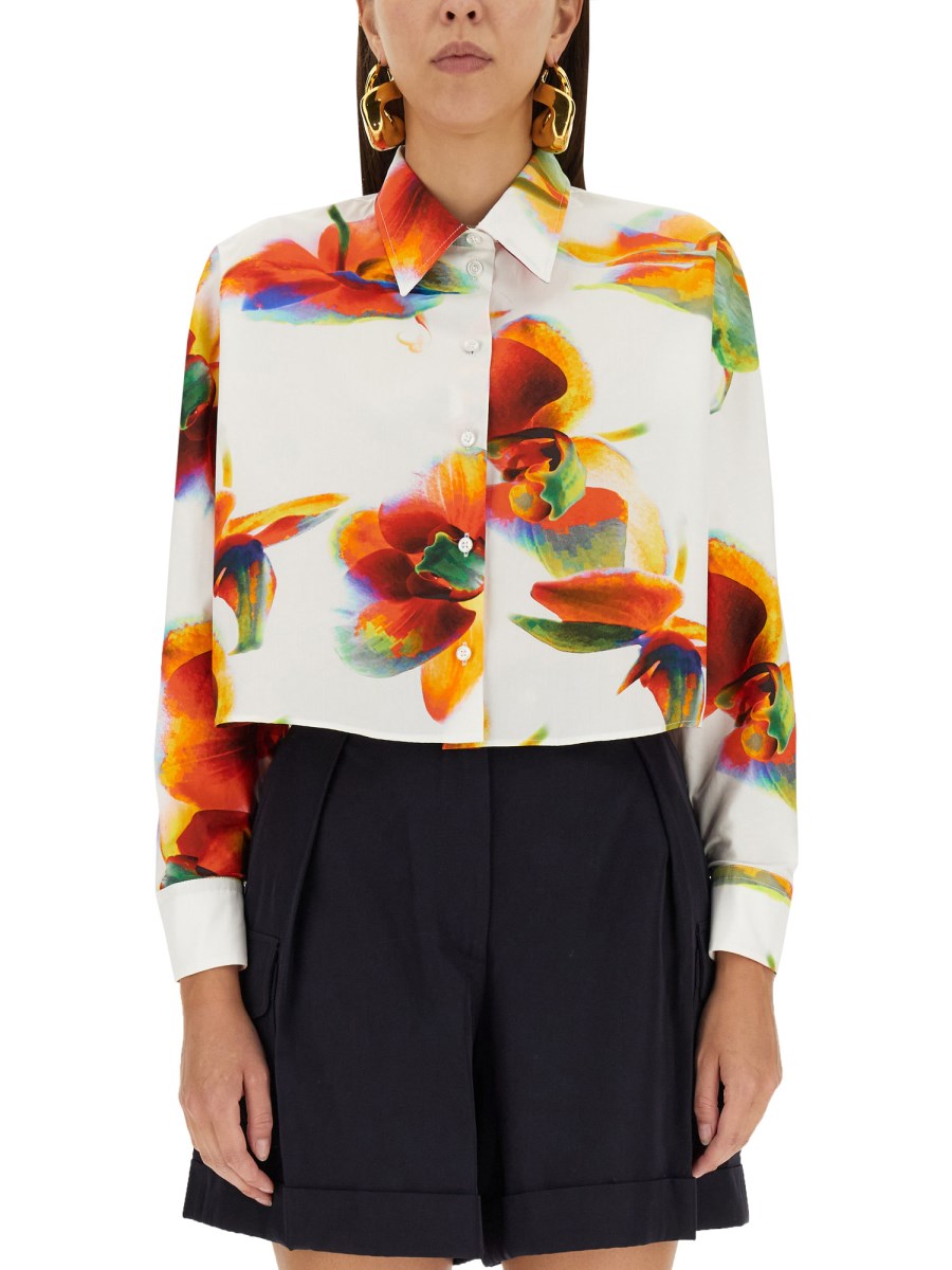 ALEXANDER McQUEEN CAMICIA CON STAMPA SOLARISED ORCHID IN POPELINE DI COTONE