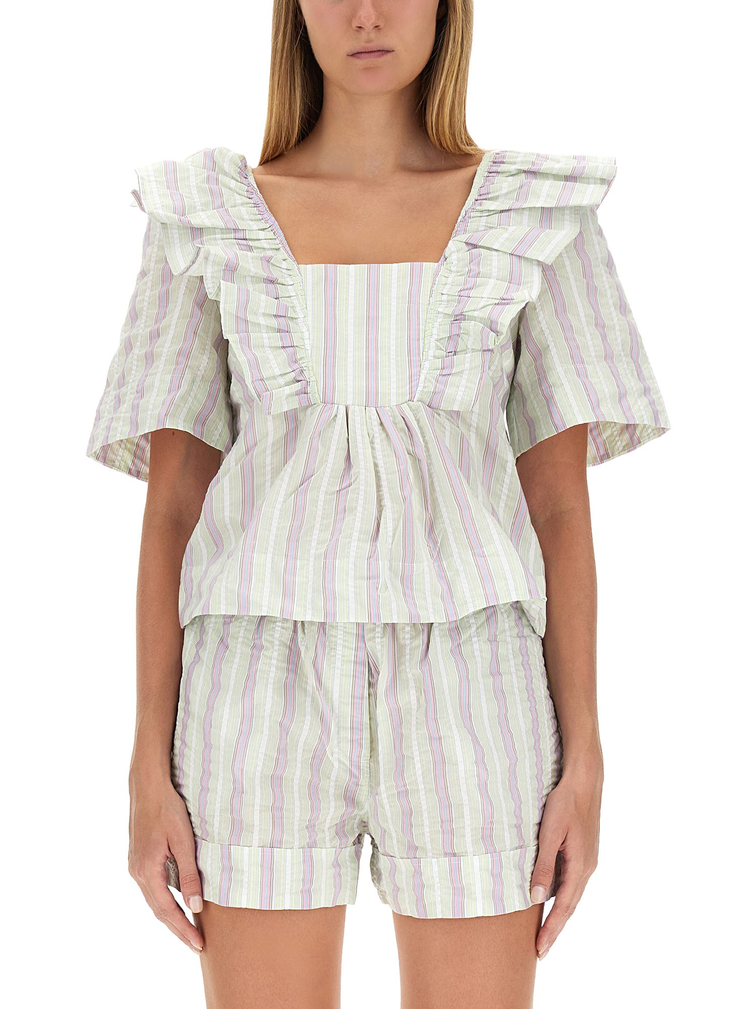 Ganni Striped Seersucker Ruffle Blouse In Multicolour