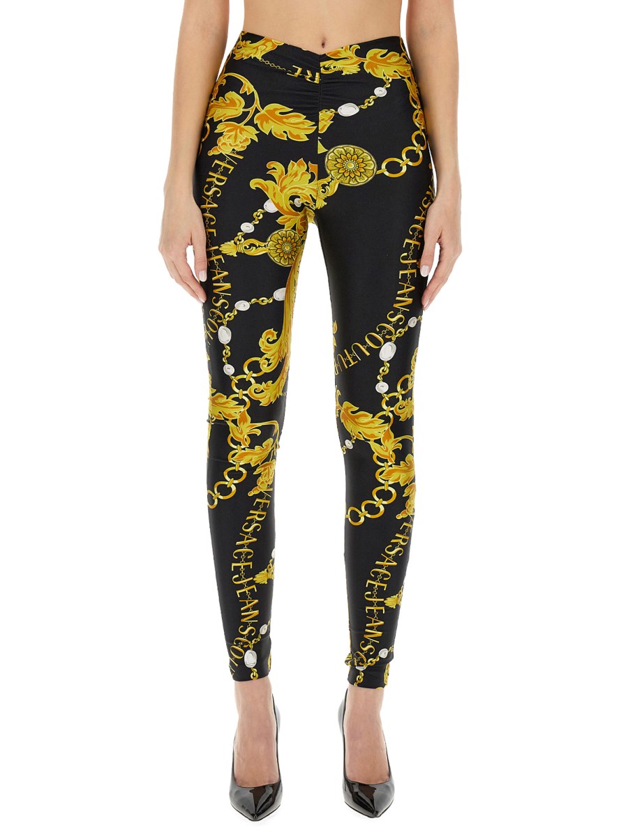 VERSACE JEANS COUTURE - LEGGINGS WITH RUFFLES AND NYLON LOGO PRINT