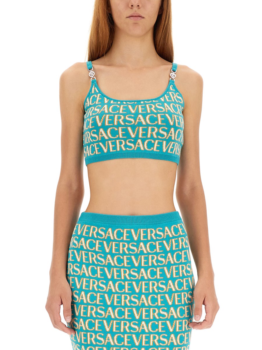 VERSACE - SHORT KNIT TOP WITH ALLOVER LOGO - Eleonora Bonucci