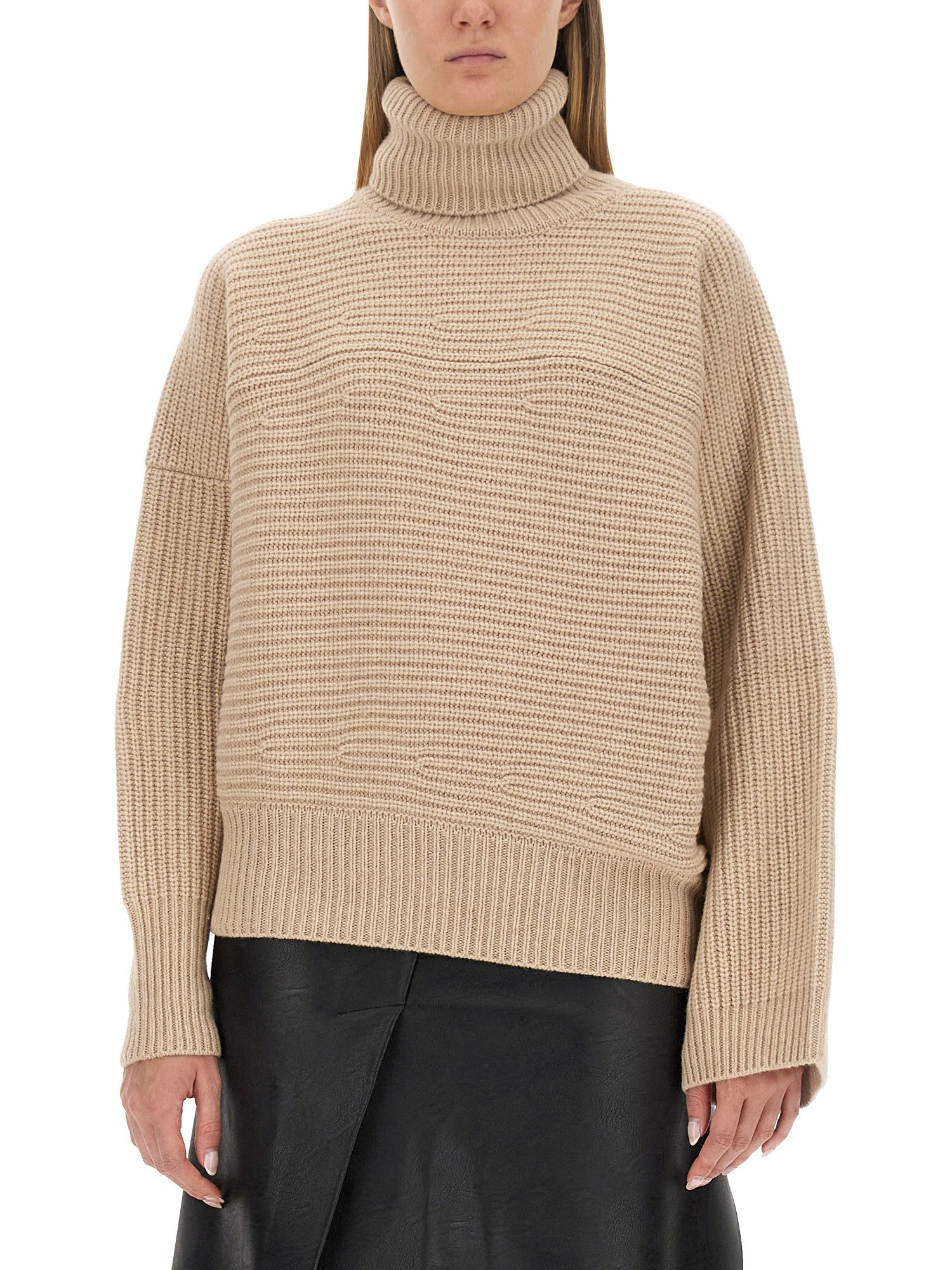 Stella Mccartney Textured Knit Oversized Turtleneck Shirt In Beige