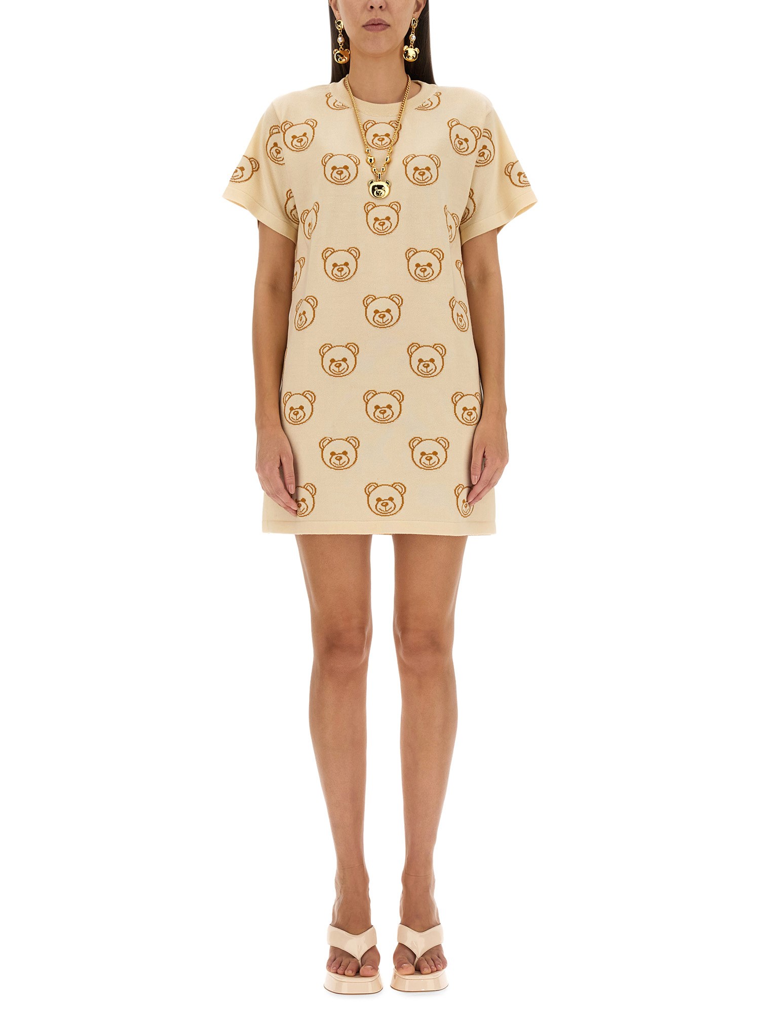 Shop Moschino Dress With Teddy Bear Embroidery In Ivory