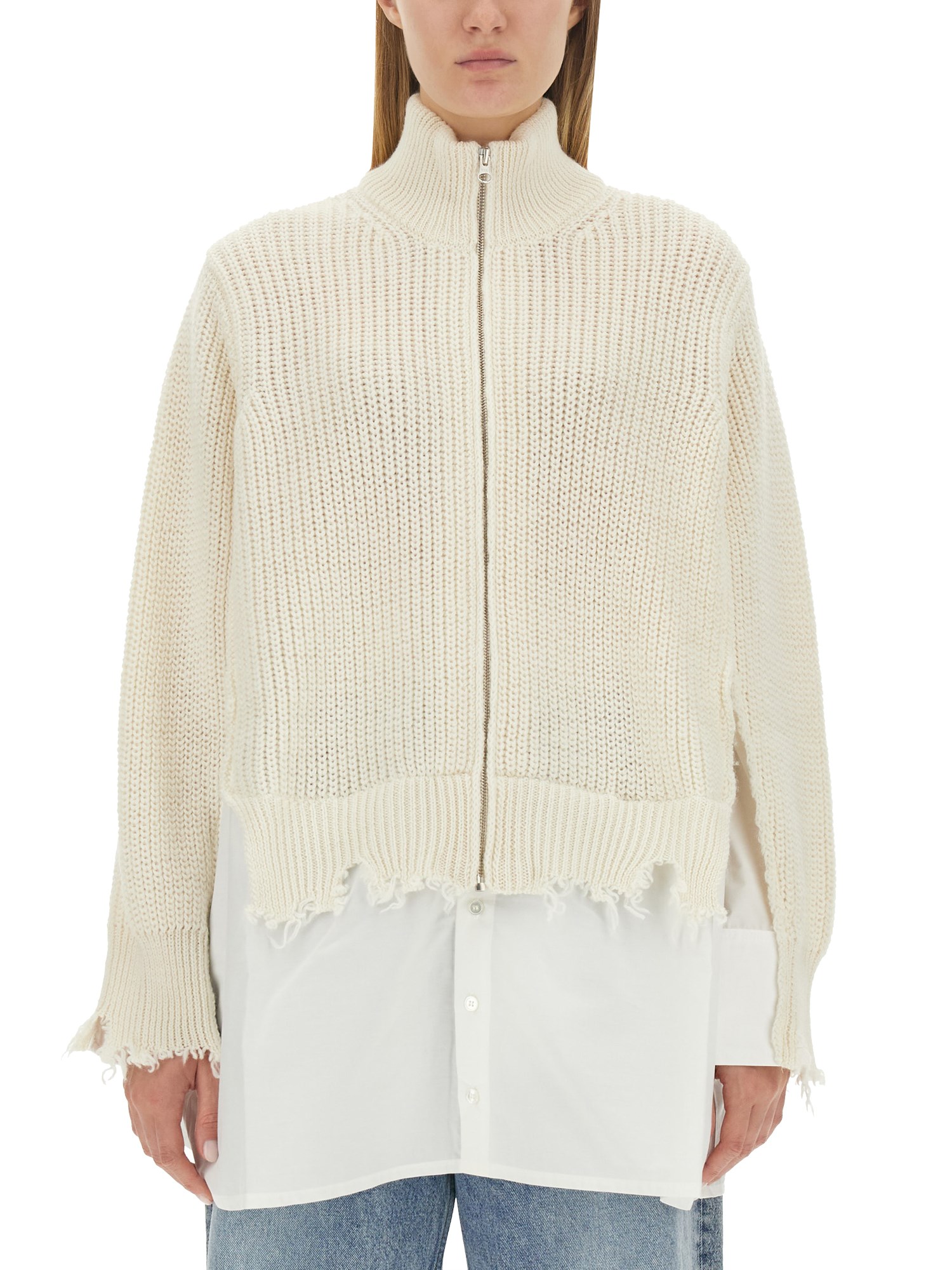 Shop Mm6 Maison Margiela Ribbed Cardigan With Zipper In White