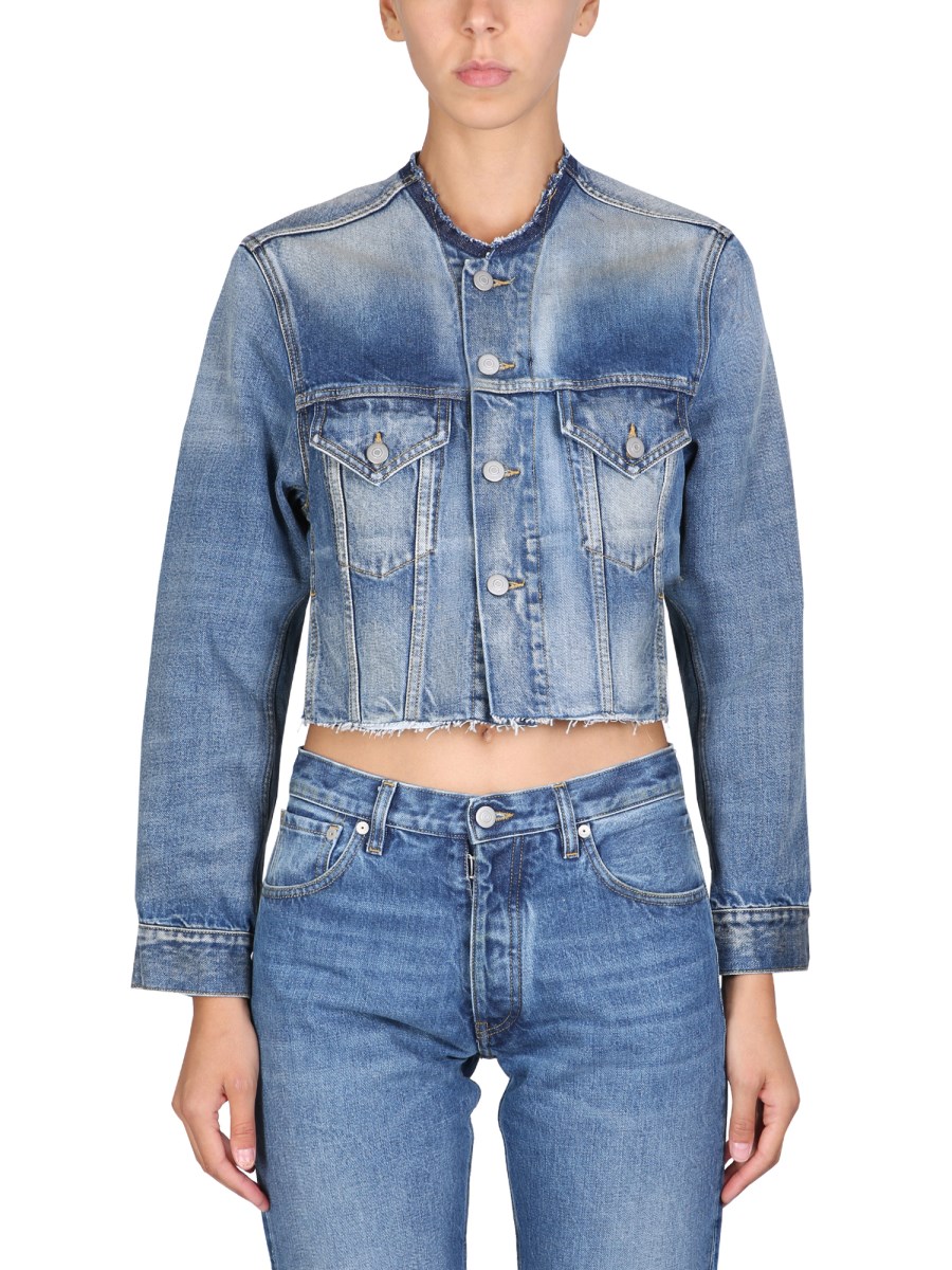 Collarless cropped denim store jacket