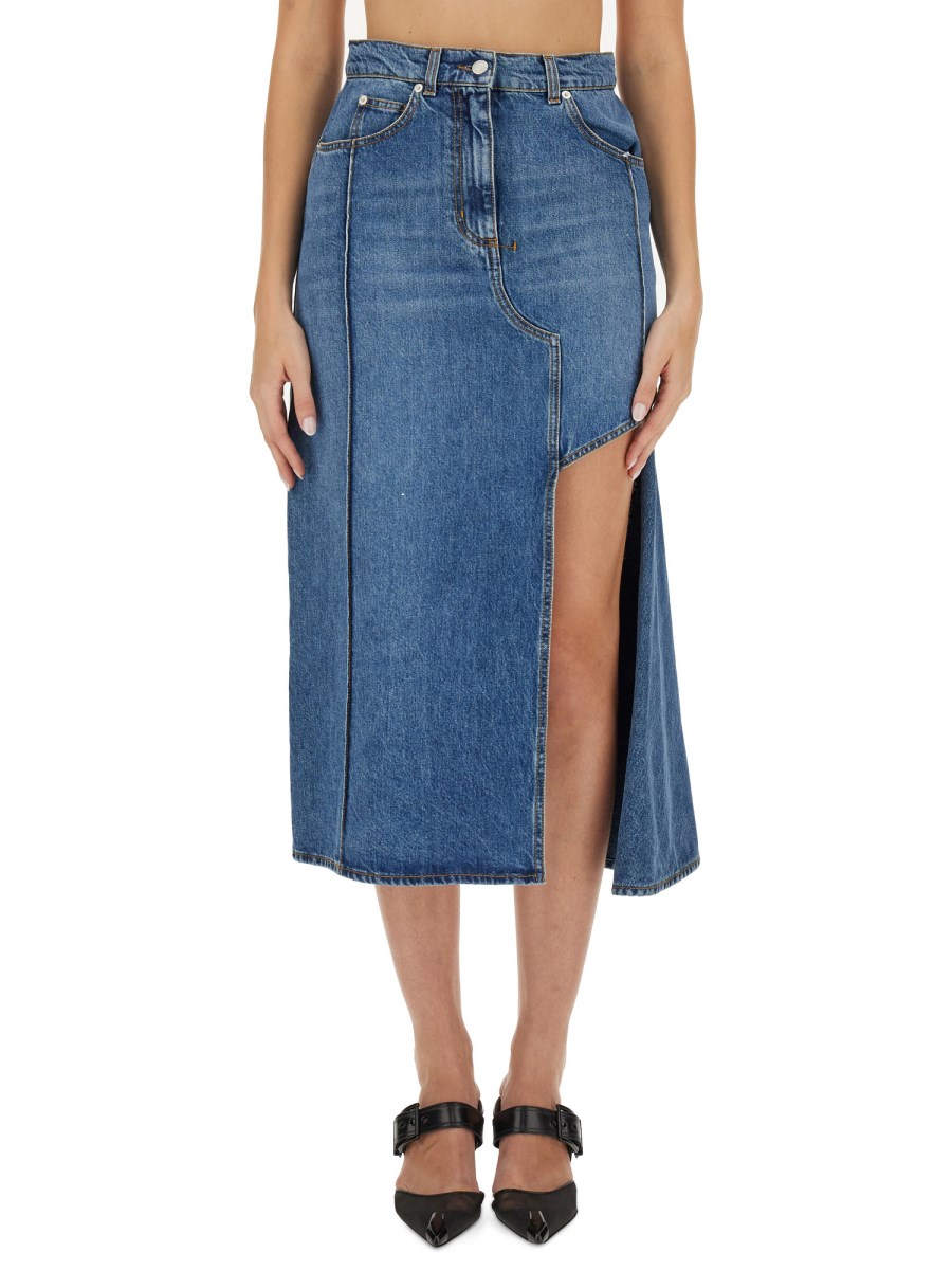 ALEXANDER McQUEEN GONNA A TUBINO CON CUT-OUT IN DENIM DI COTONE