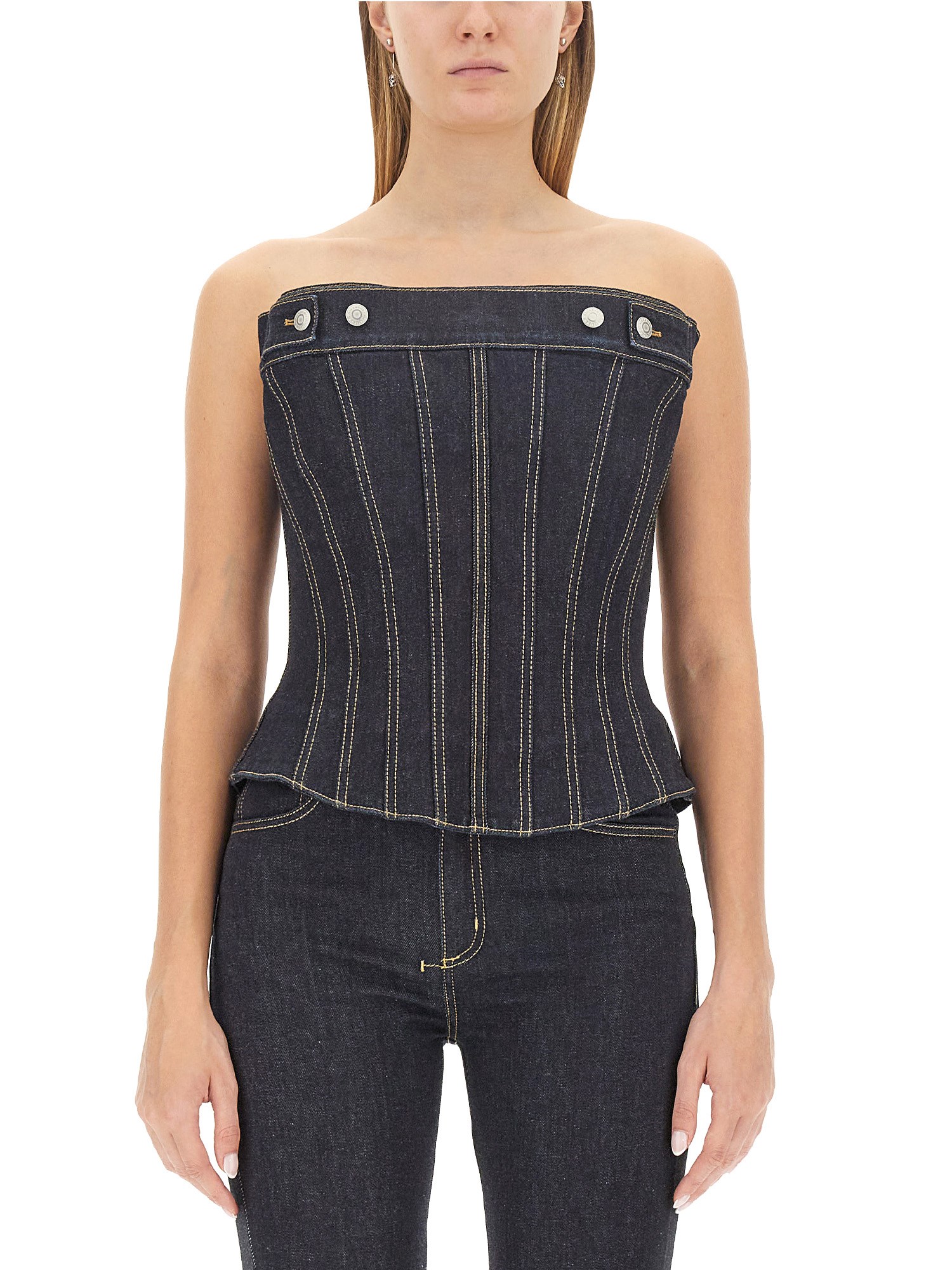 Alexander Mcqueen Peplum Strapless Denim Top In Denim