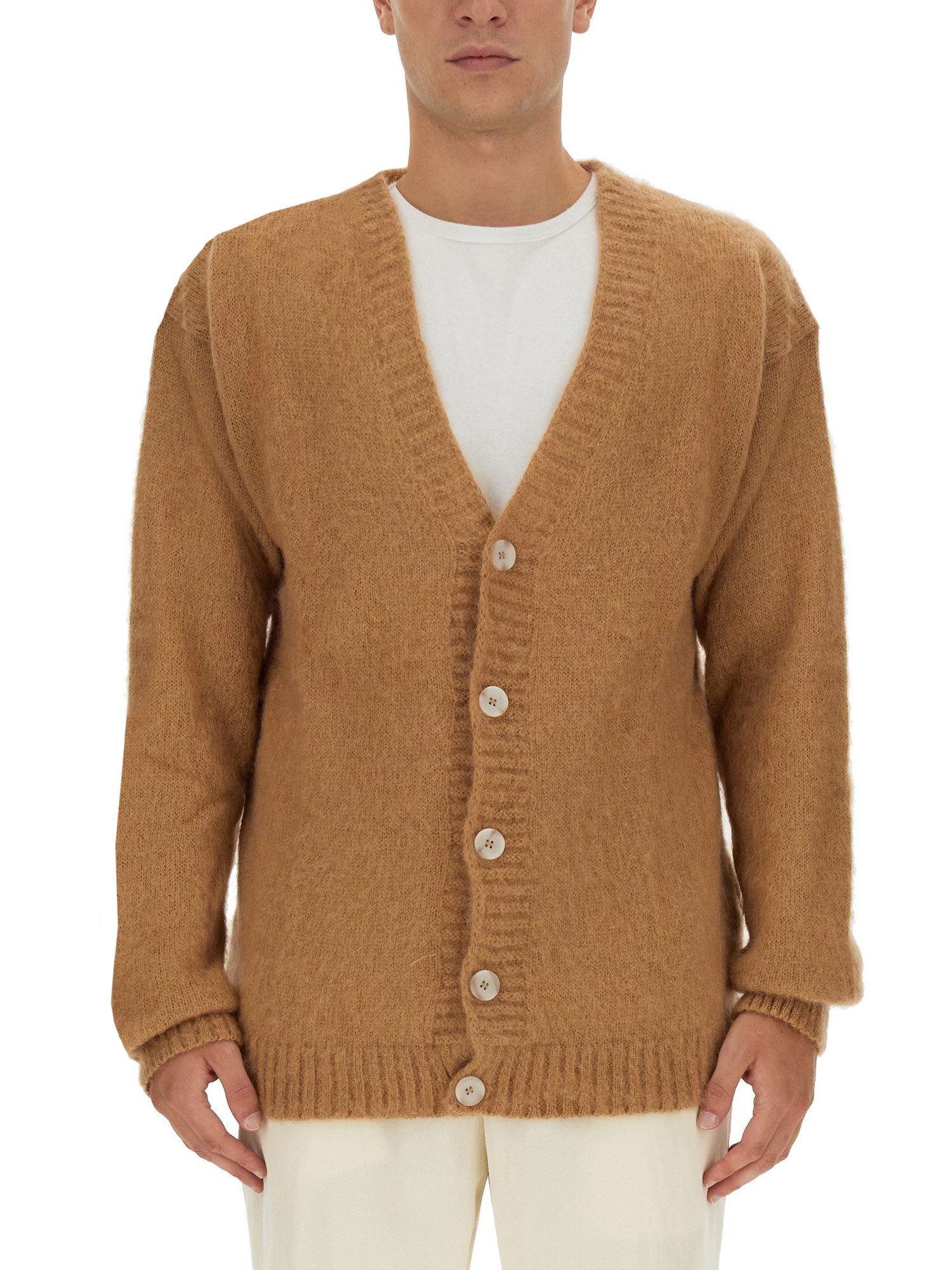 Shop Family First V-neck Cardigan In Beige