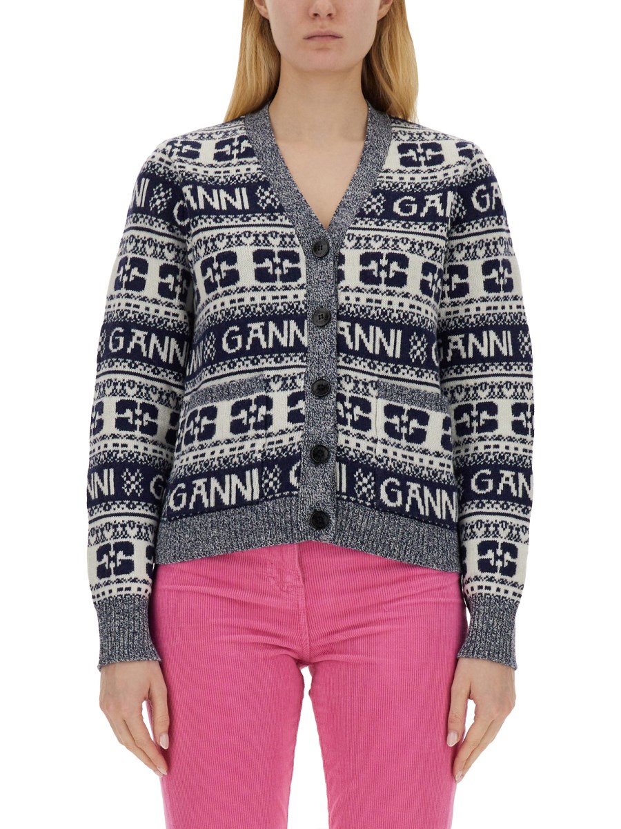 GANNI CARDIGAN IN LANA CON LOGO