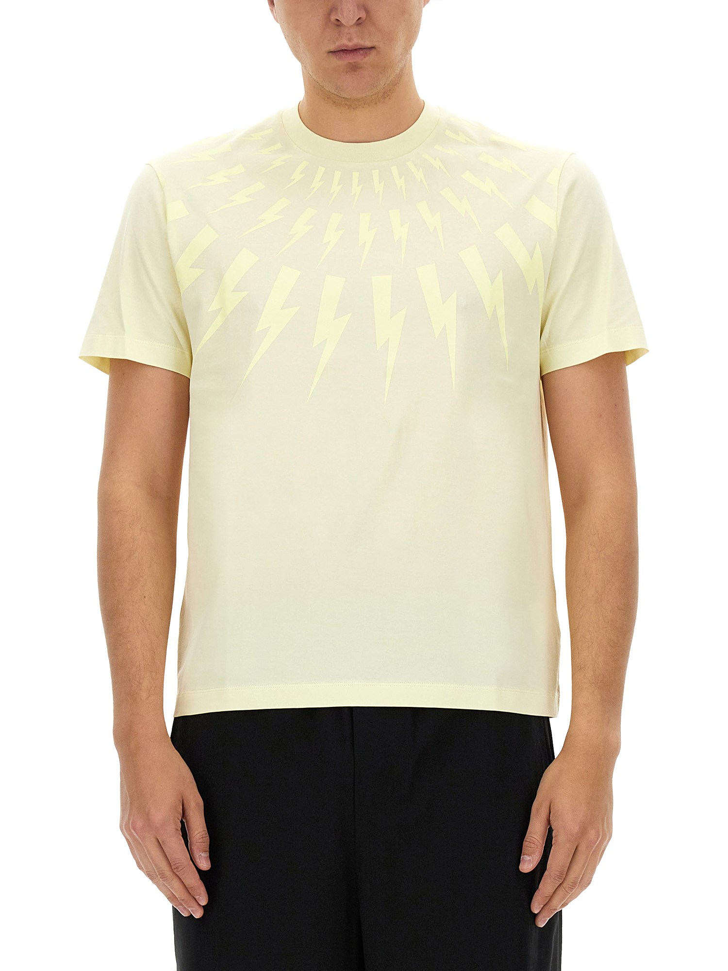 Shop Neil Barrett "fairisle Thunderbolt" T-shirt In Beige