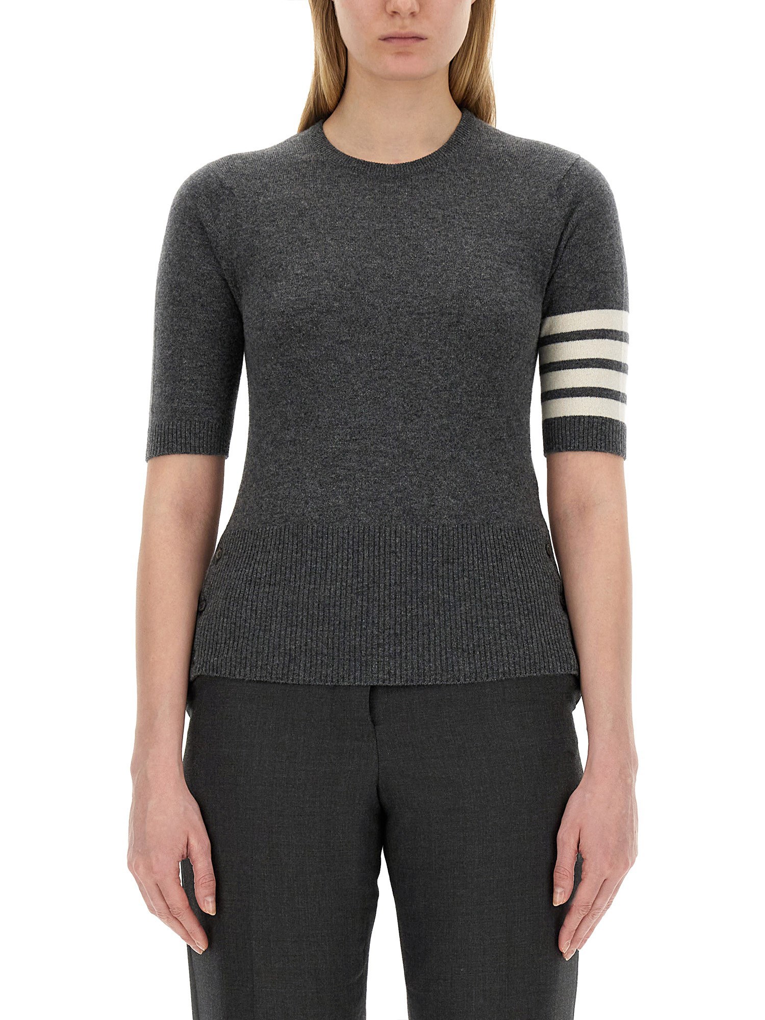 Thom Browne Striped Detail Shortsleeved Jumper In Grey