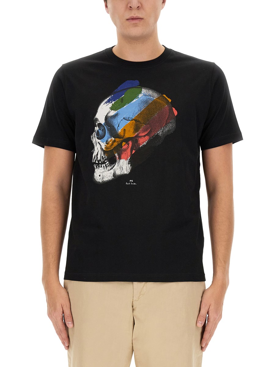 PS BY PAUL SMITH T-SHIRT CON STAMPA SKULL STRIPE IN JERSEY DI COTONE