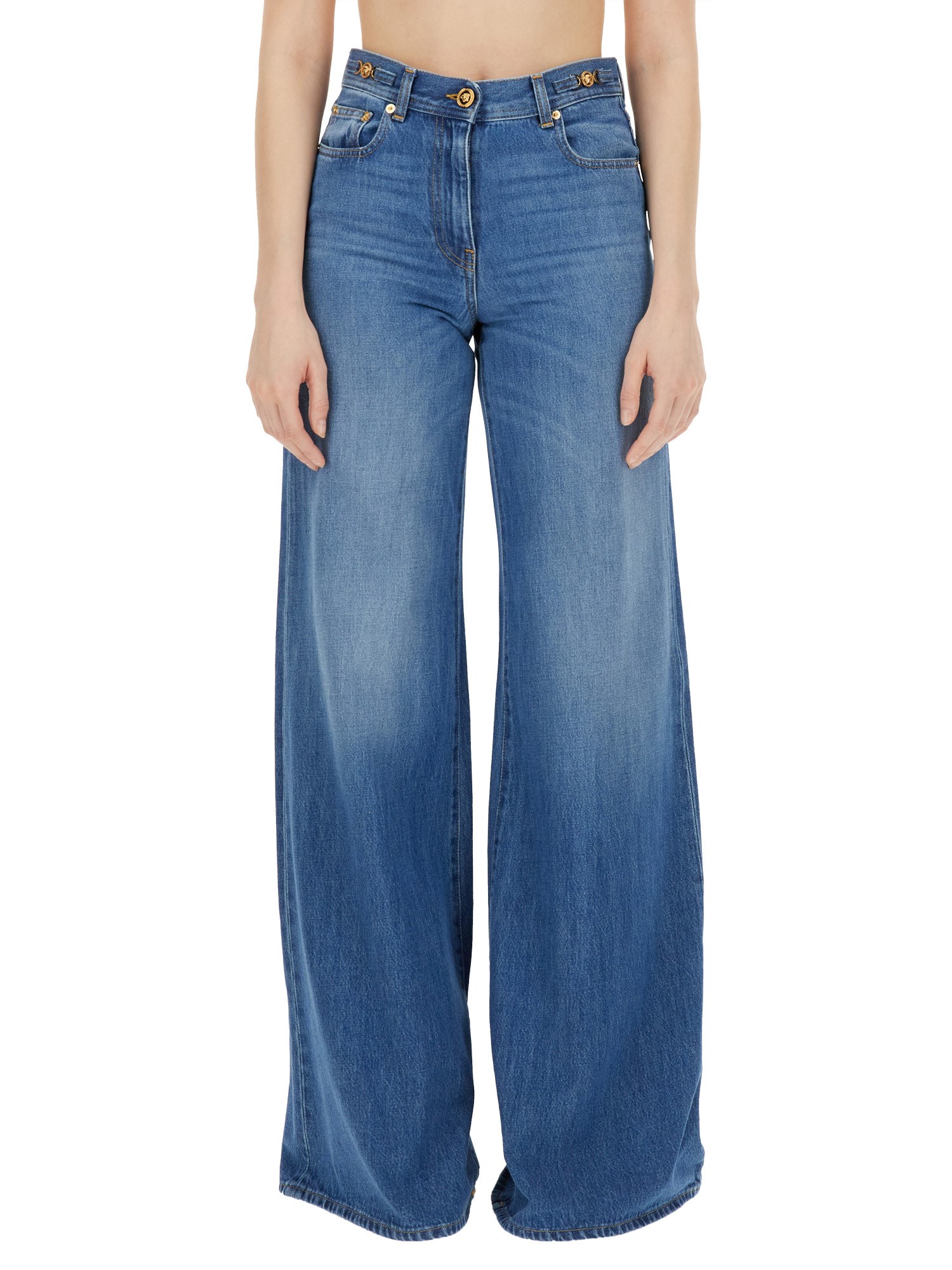 Versace Flared Denim Stone Wash Jeans In Denim