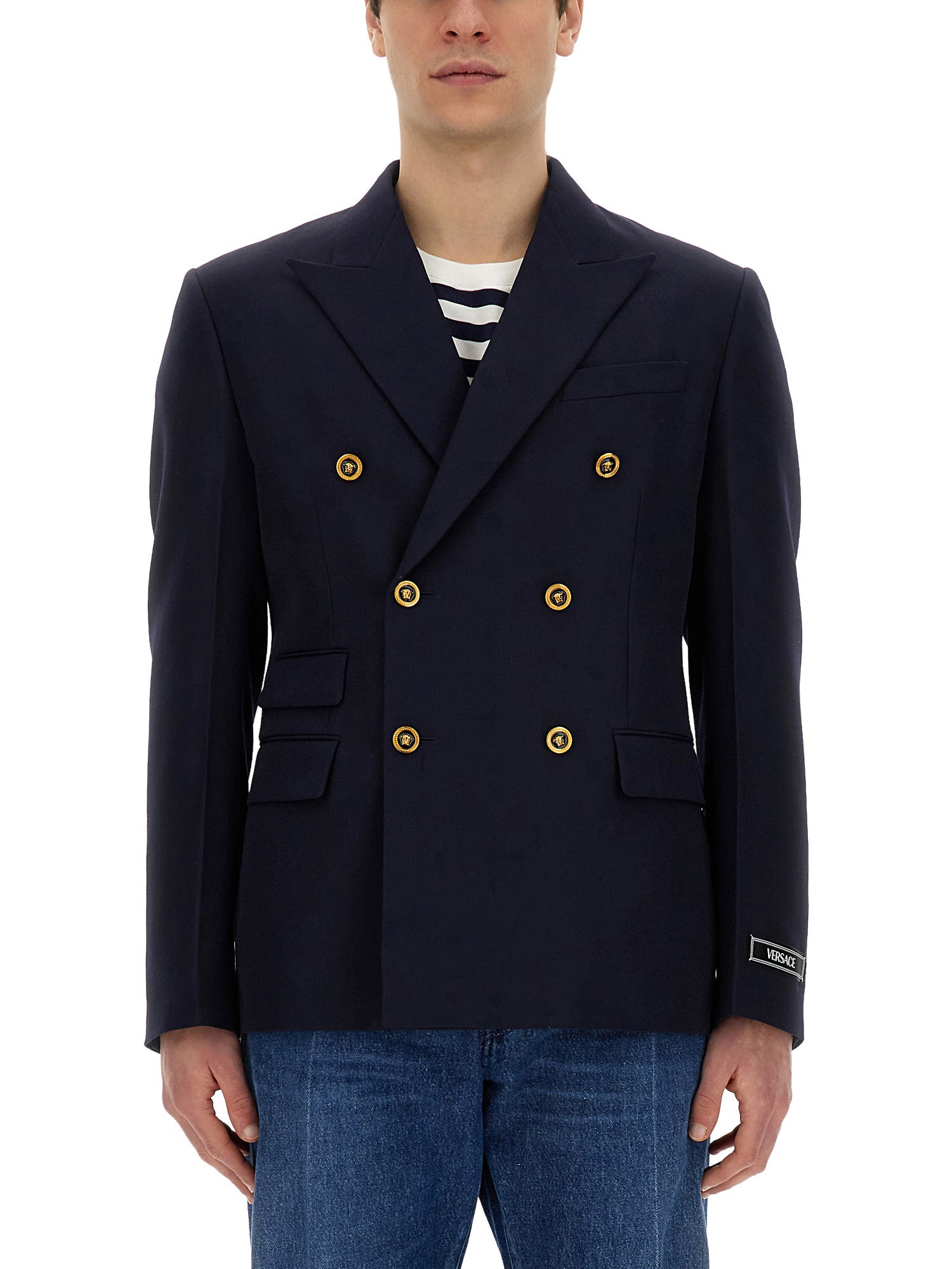 Versace Grain De Poudre Wool Blazer In Blue