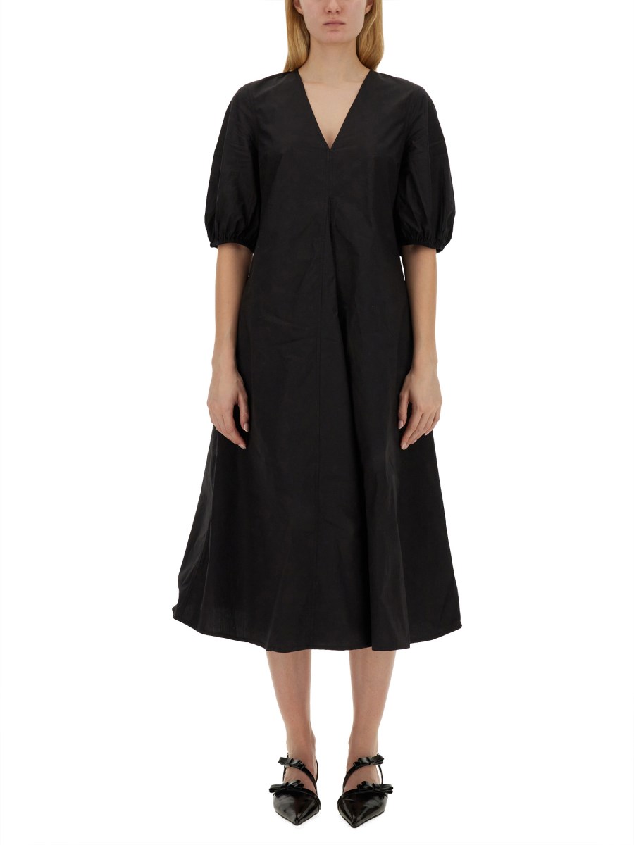 GANNI - COTTON POPLIN V-NECK DRESS - Eleonora Bonucci