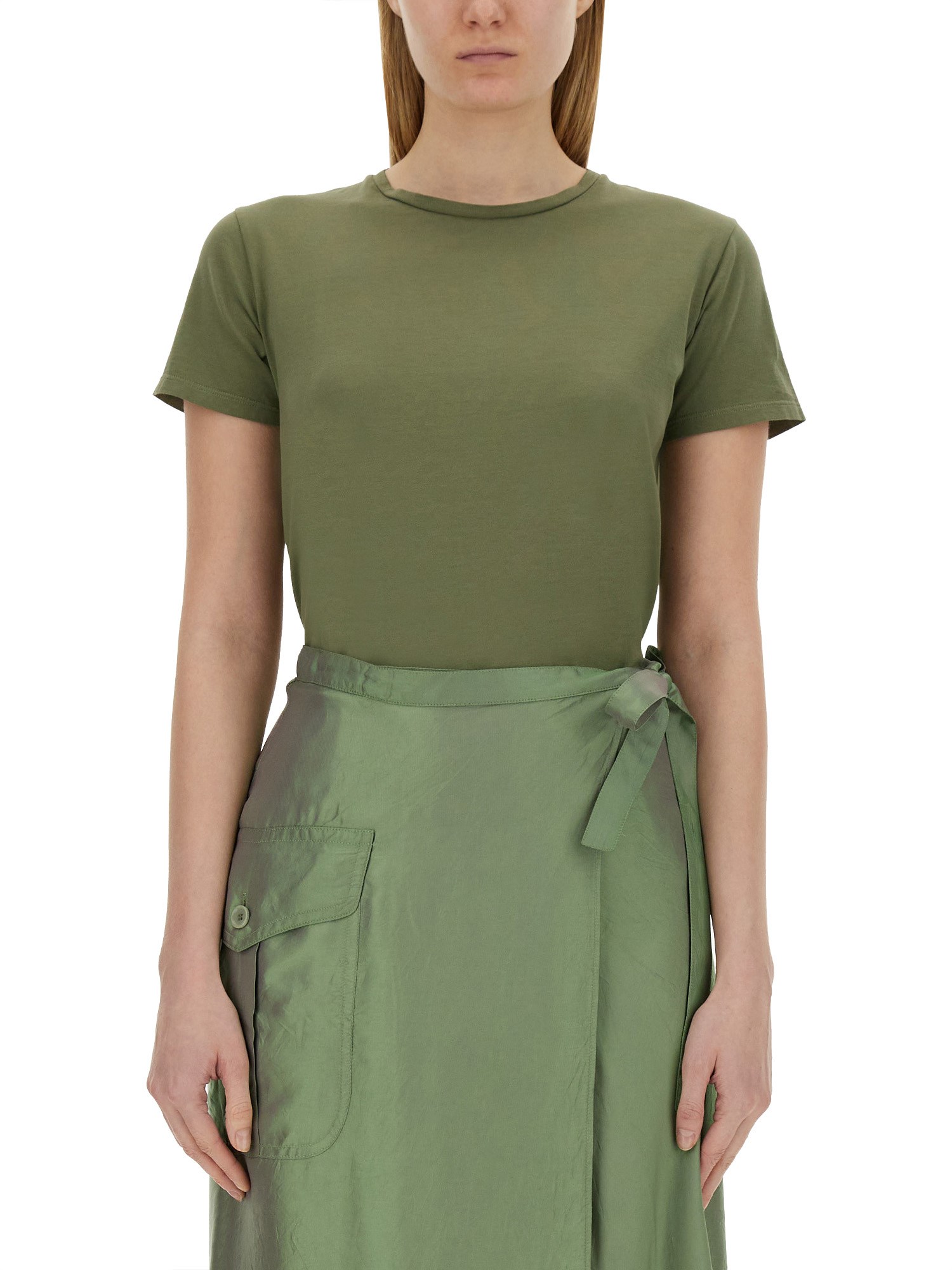 Aspesi Cotton T-shirt With Side Pocket And Tie Waist In Military Green