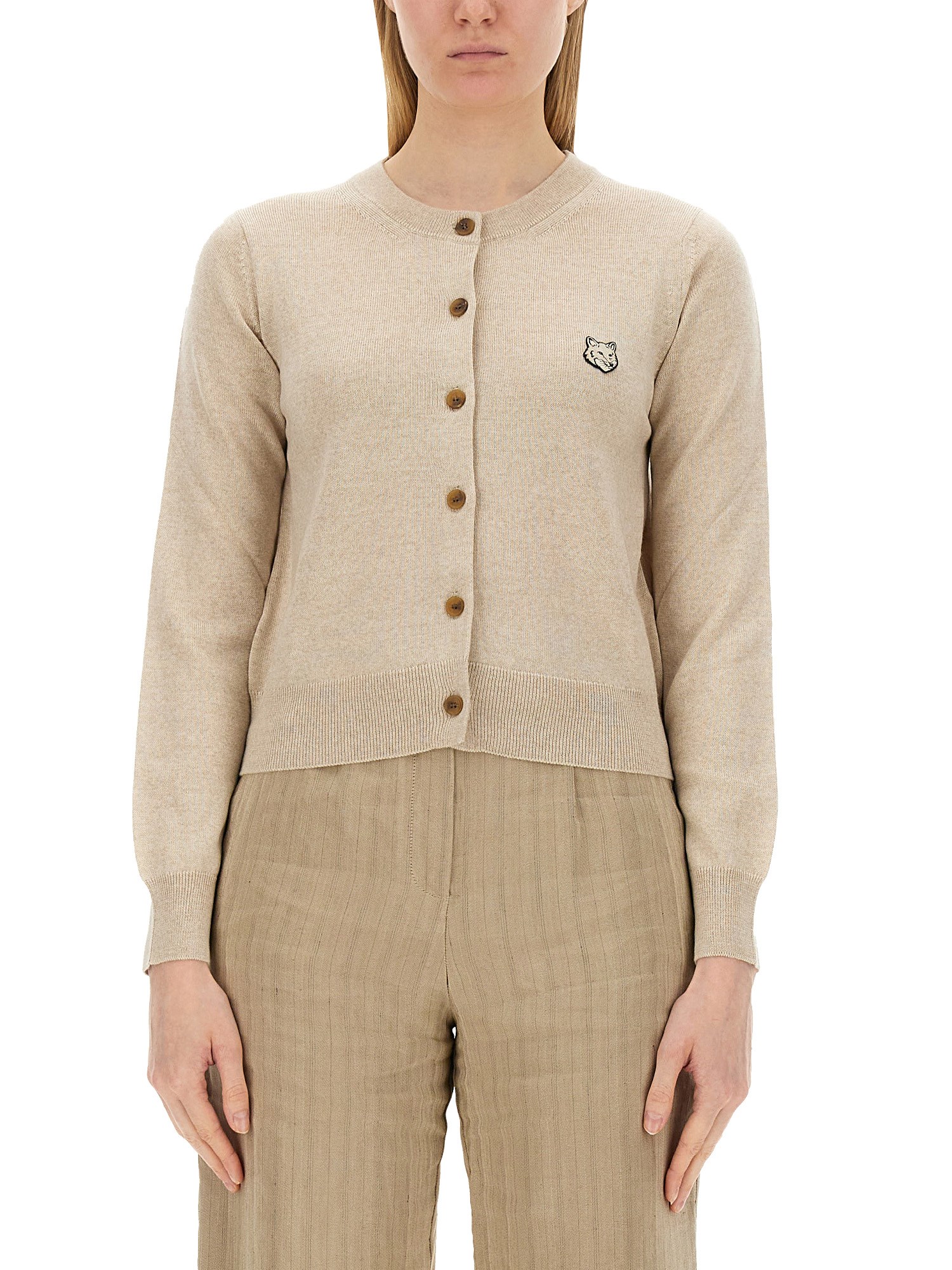 Maison Kitsuné Gray Bold Fox Head Embroidered Cropped Cardigan In Beige