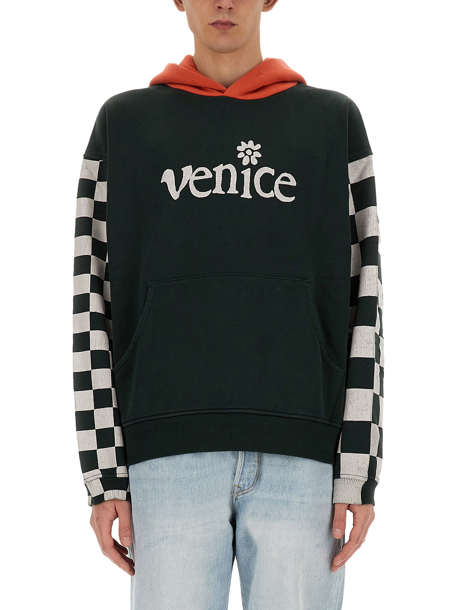 Erl Venice Checker Sleeve Hoodie In Black
