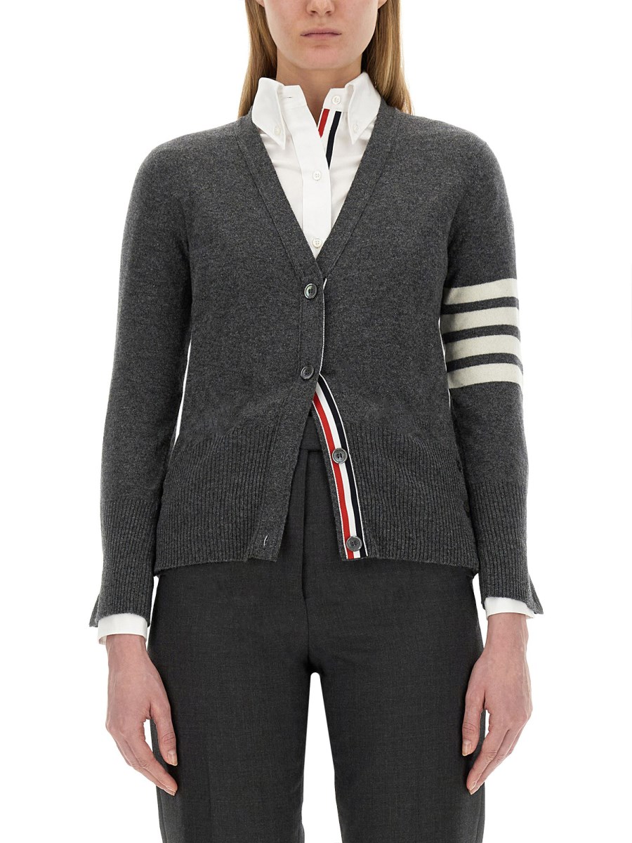 THOM BROWNE CARDIGAN SCOLLO A V IN CASHMERE