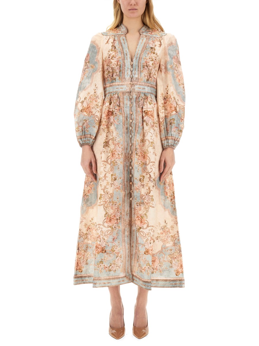 ZIMMERMANN - LINEN MIDI DRESS WITH FLORAL PRINT - Eleonora Bonucci