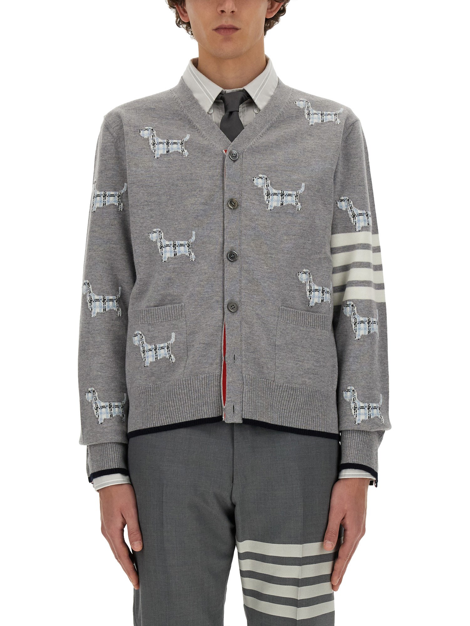 Thom Browne Embroidered Striped Wool Cardigan Pockets In Multi