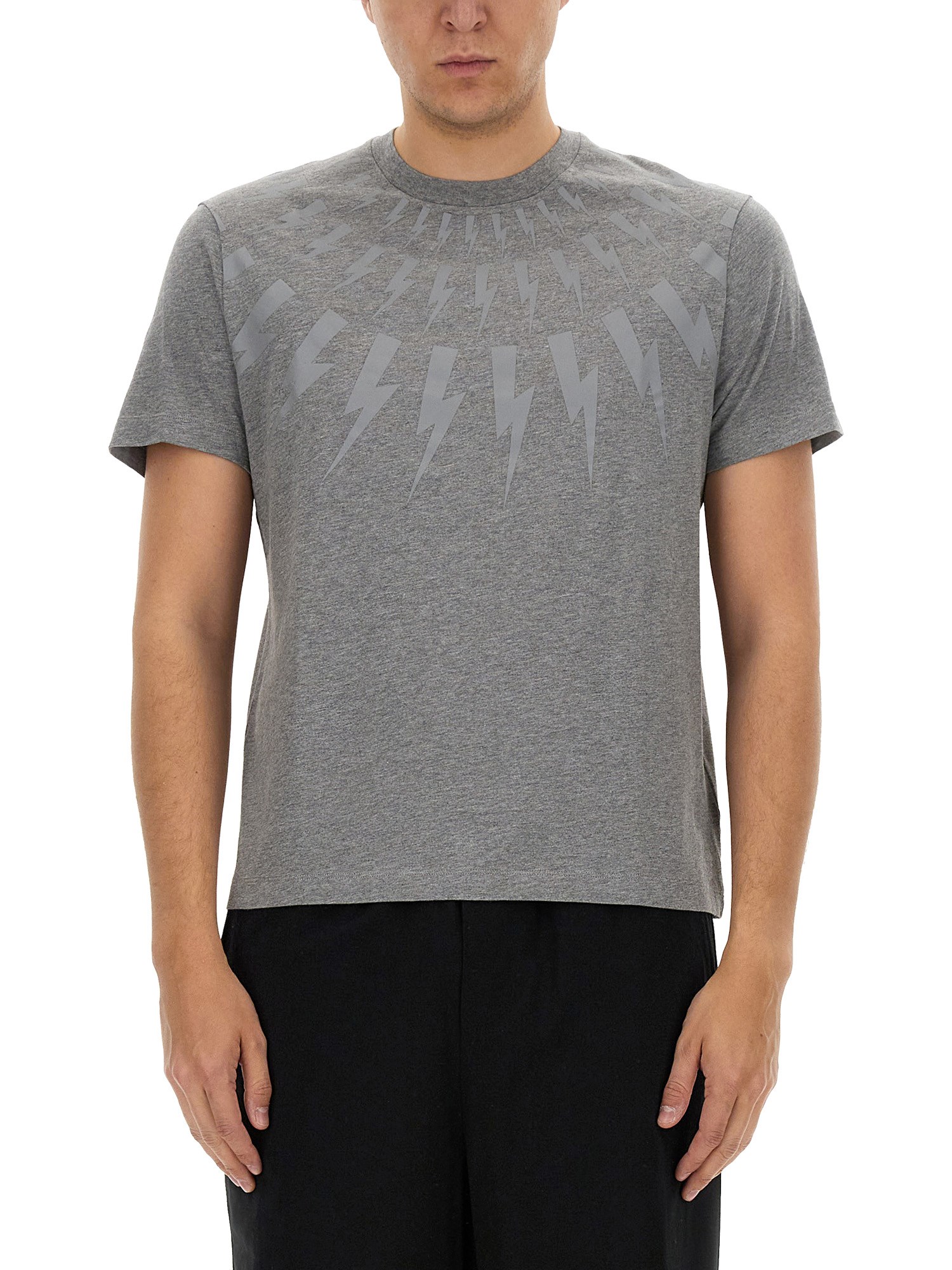 Shop Neil Barrett "fairisle Thunderbolt" T-shirt In Grey