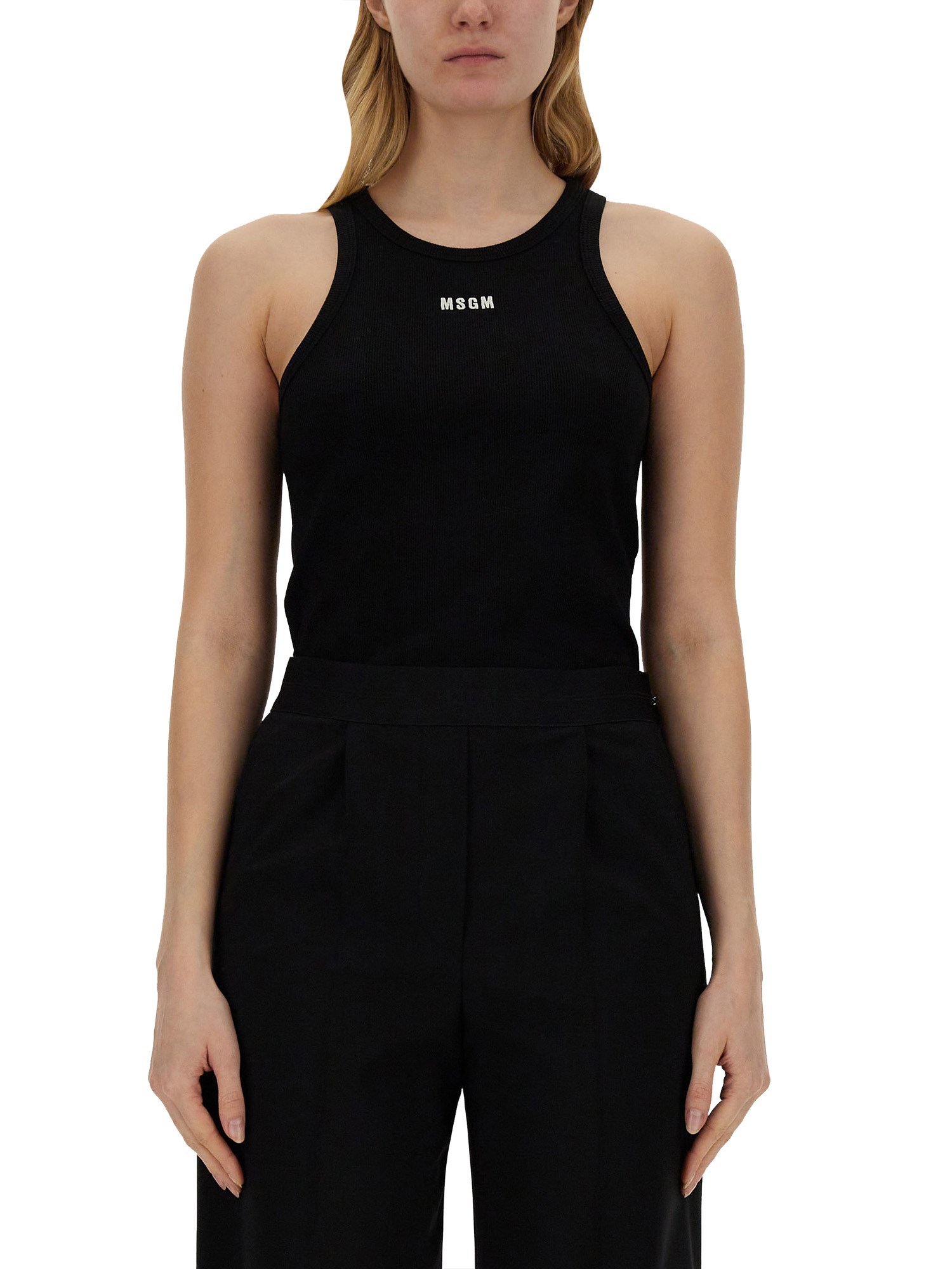 Msgm Logo Stretch Cotton Tank Top In Black