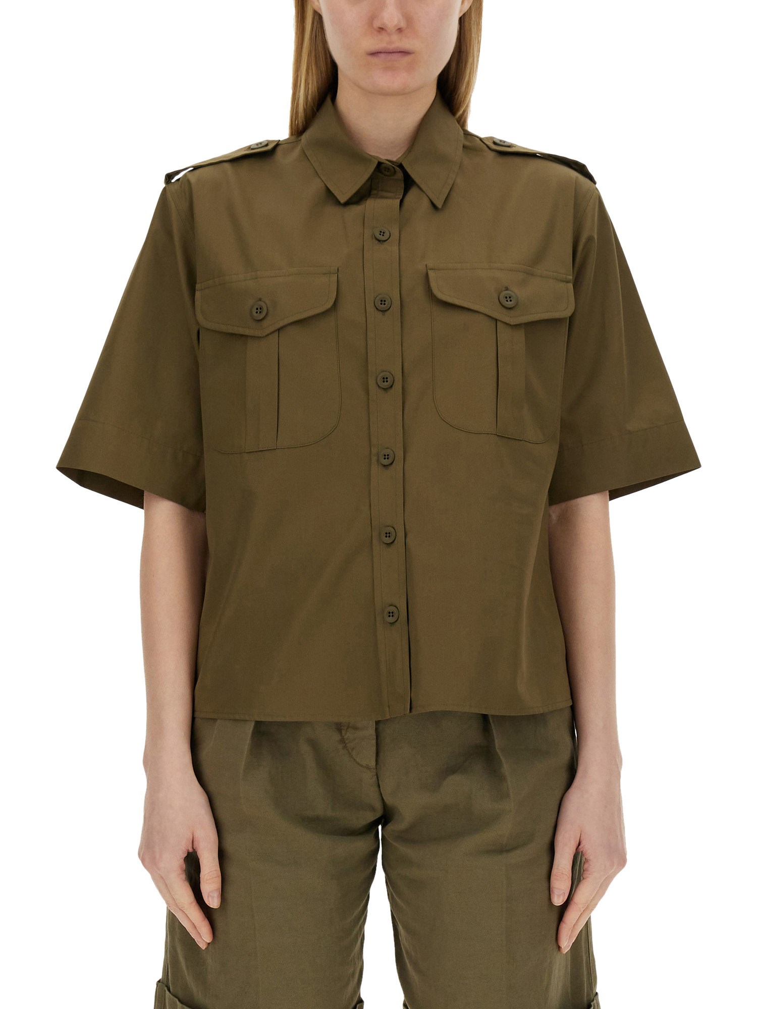 Aspesi Cotton Shirt With Pockets And Epaulettes In Military Green
