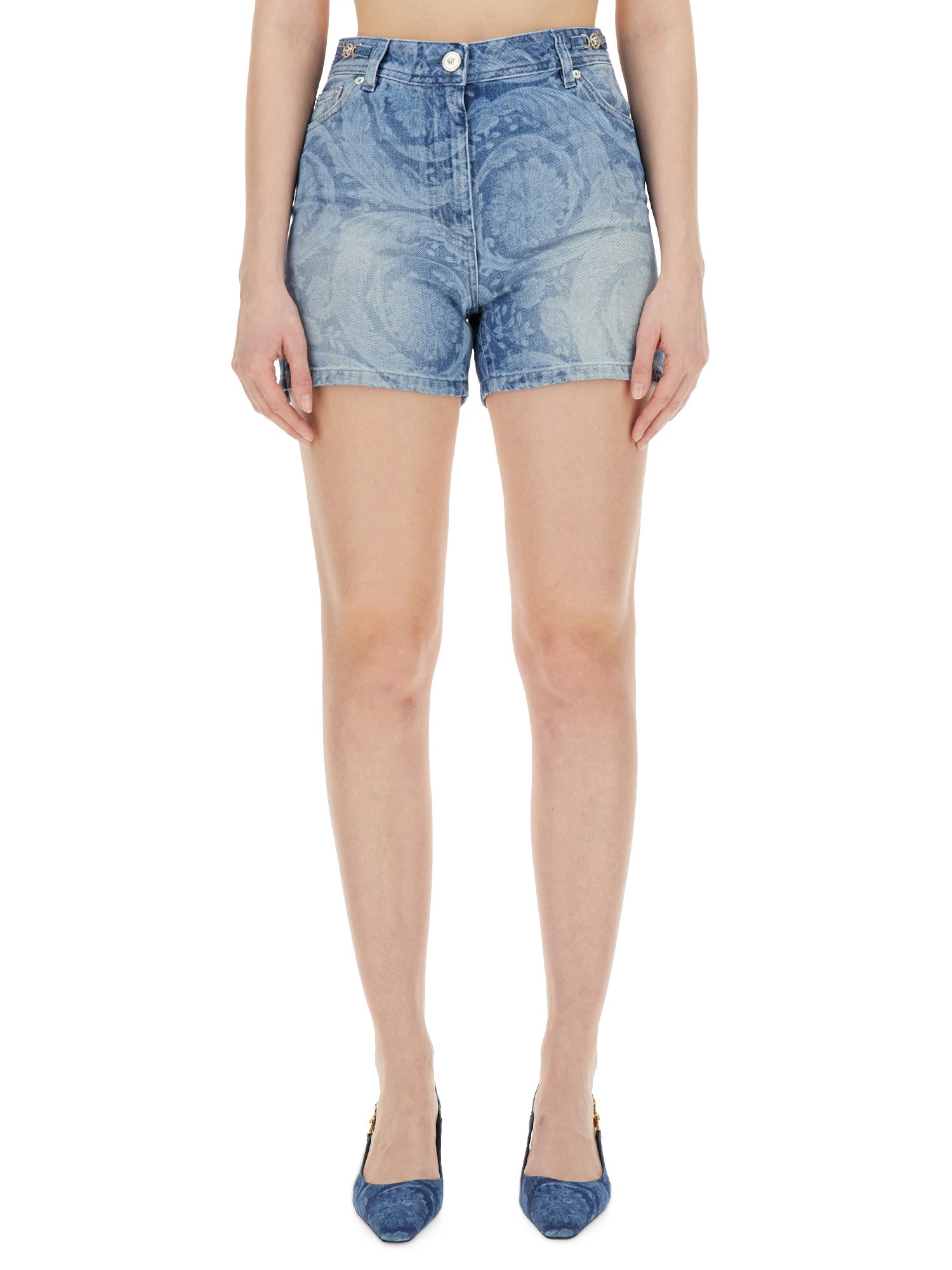 Shop Versace Denim Shorts In Blue