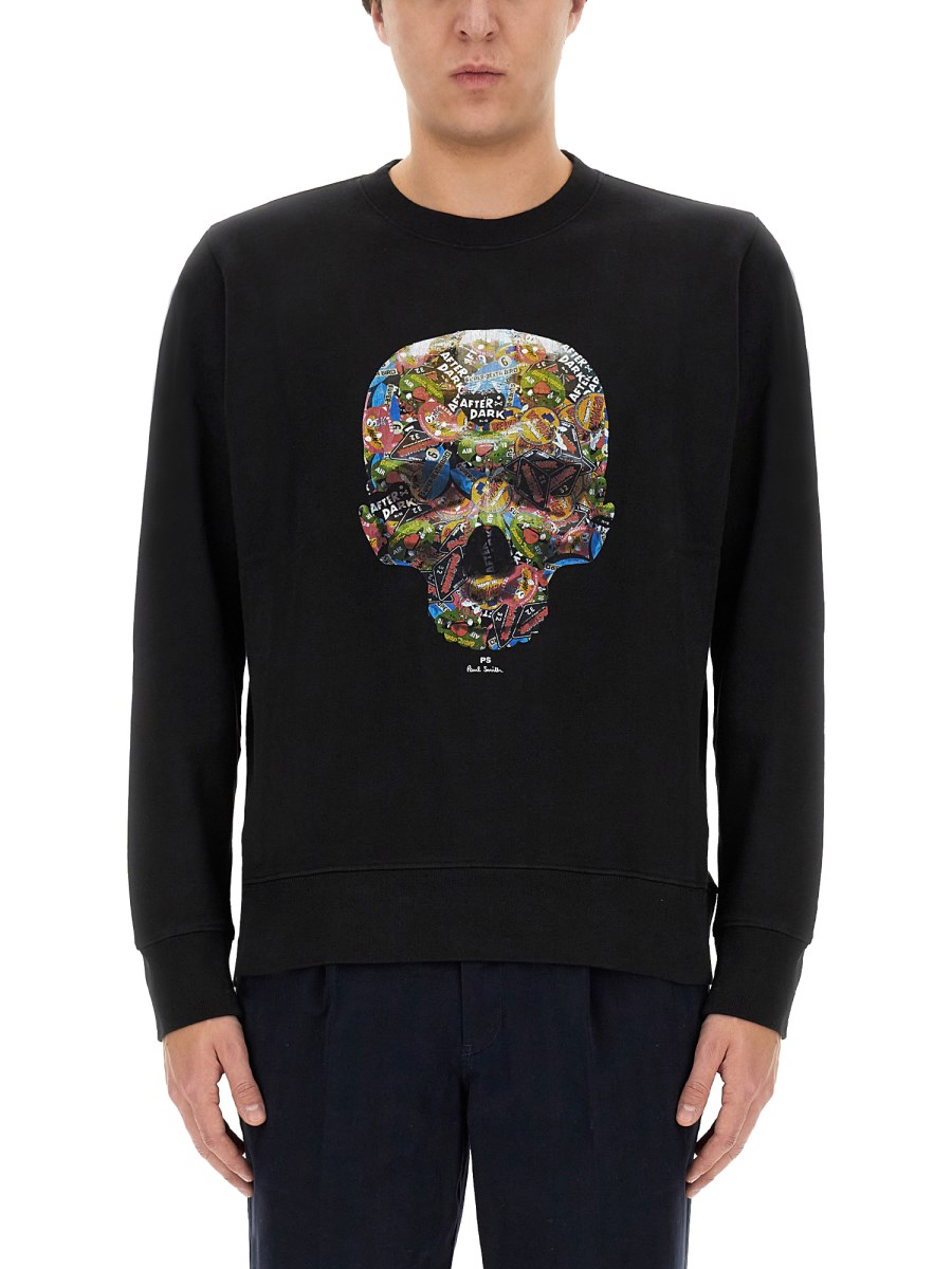 PS BY PAUL SMITH FELPA CON STAMPA STICKER SKULL IN JERSEY DI COTONE