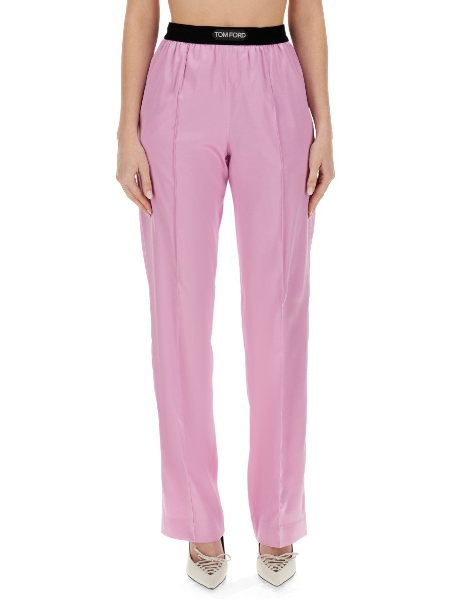 TOM FORD PANTALONE CON LOGO IN RASO DI SETA STRETCH