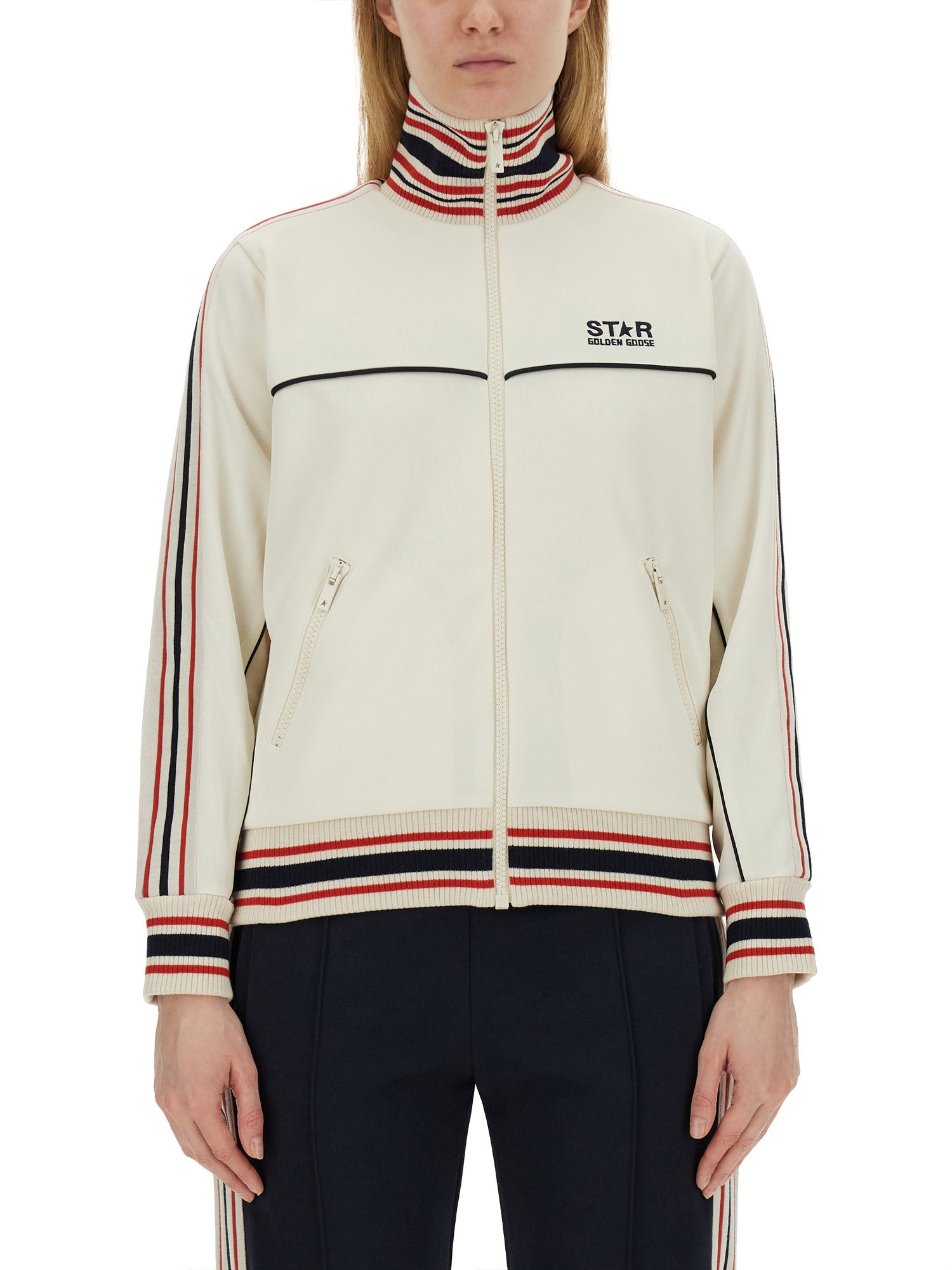 Golden Goose Track Sweatshirt With Contrasting Hem Edges In Ivory