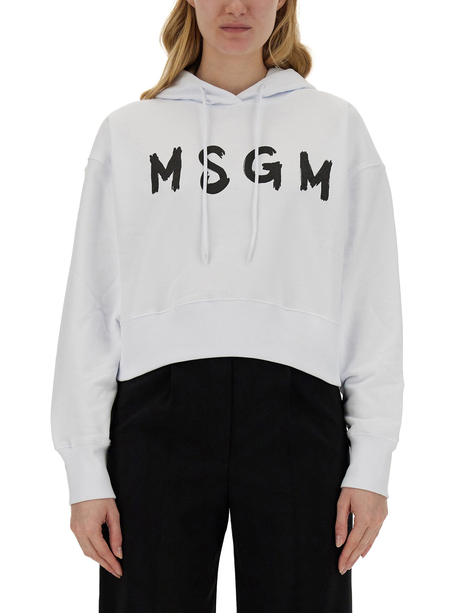 Msgm Logo Hooded Sweatshirt Ribbed Cuffs In White