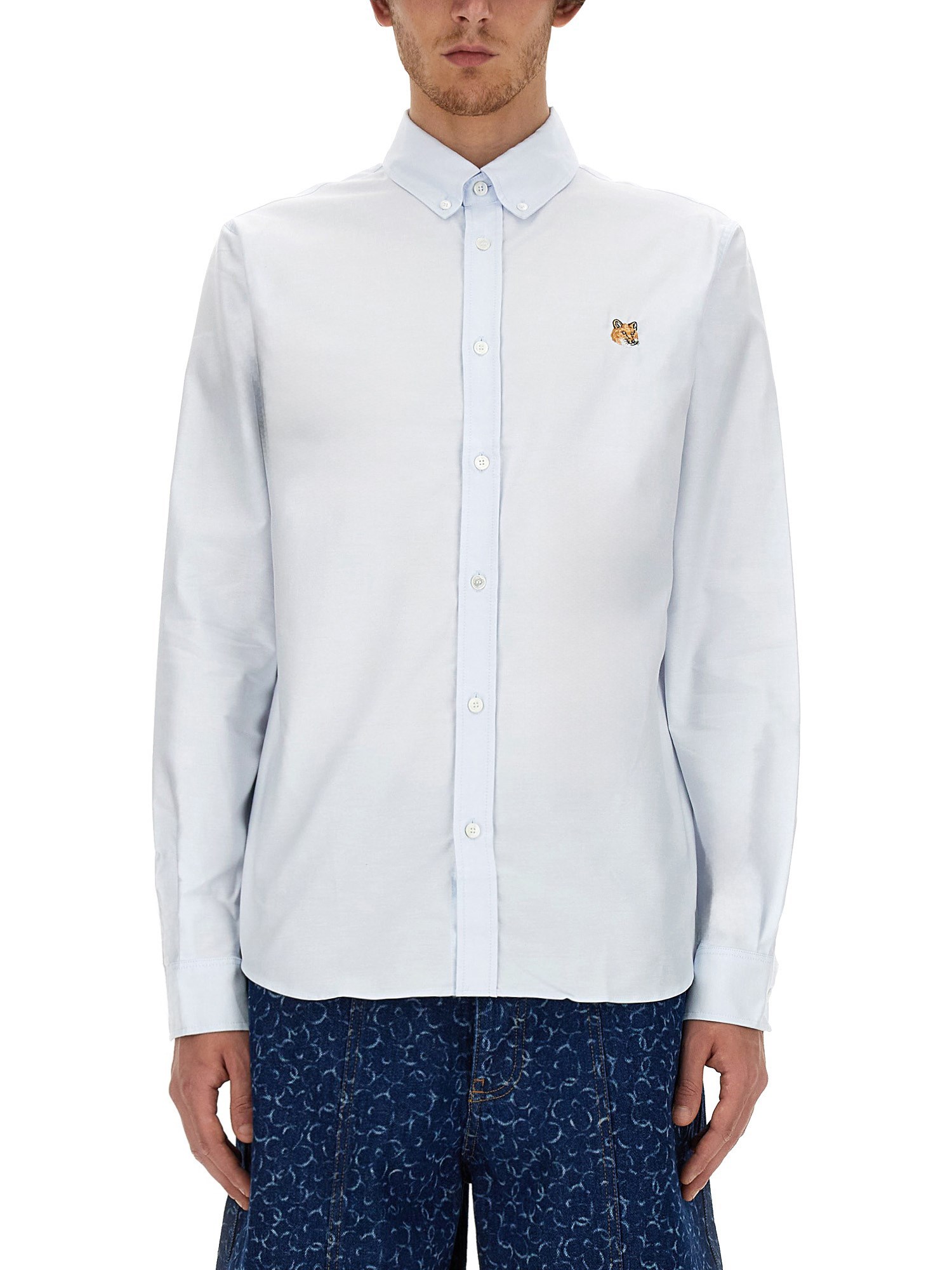 Maison Kitsuné Striped Shirt Featuring Logo Pocket In Blue