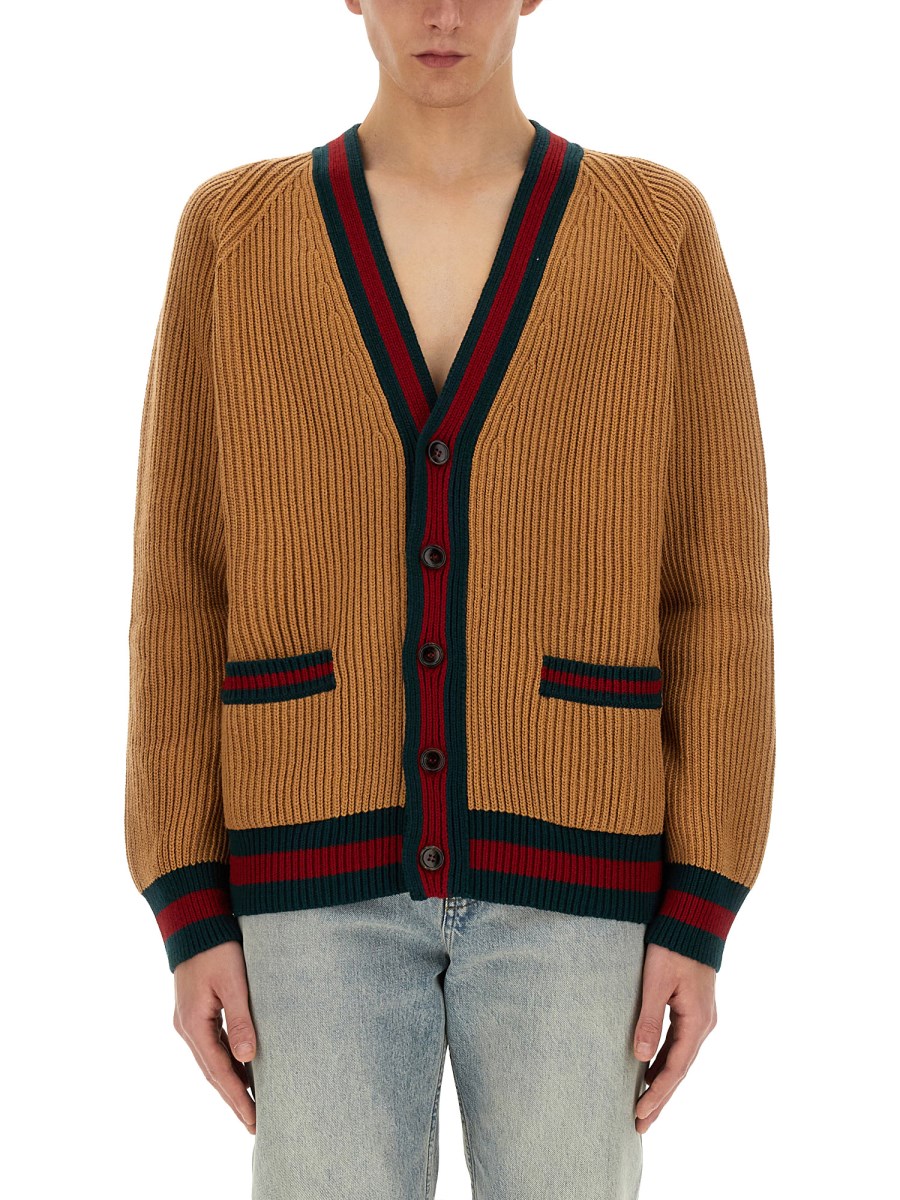 GUCCI CARDIGAN IN LANA LAVORATA A MAGLIA CON NASTRO WEB