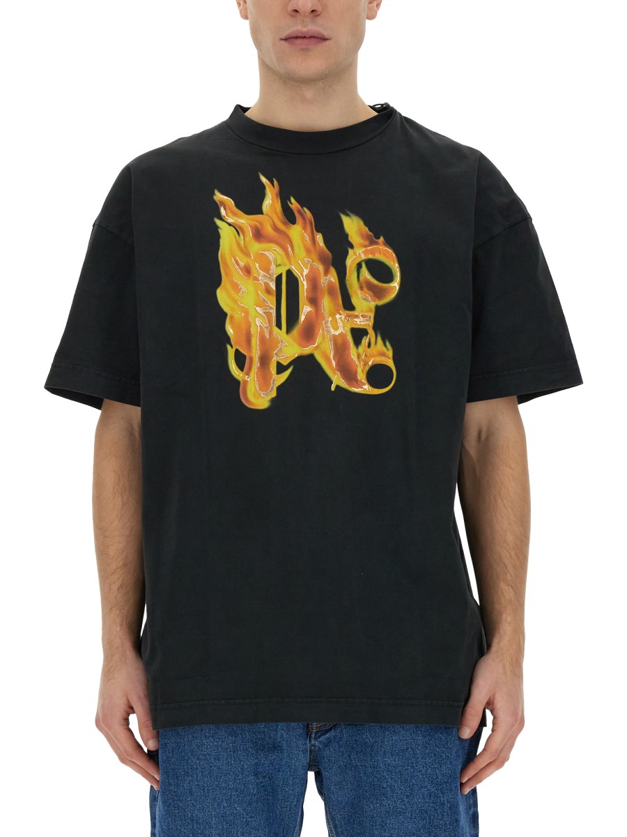 PALM ANGELS T-SHIRT CON STAMPA BURNING MONOGRAM IN JERSEY DI COTONE