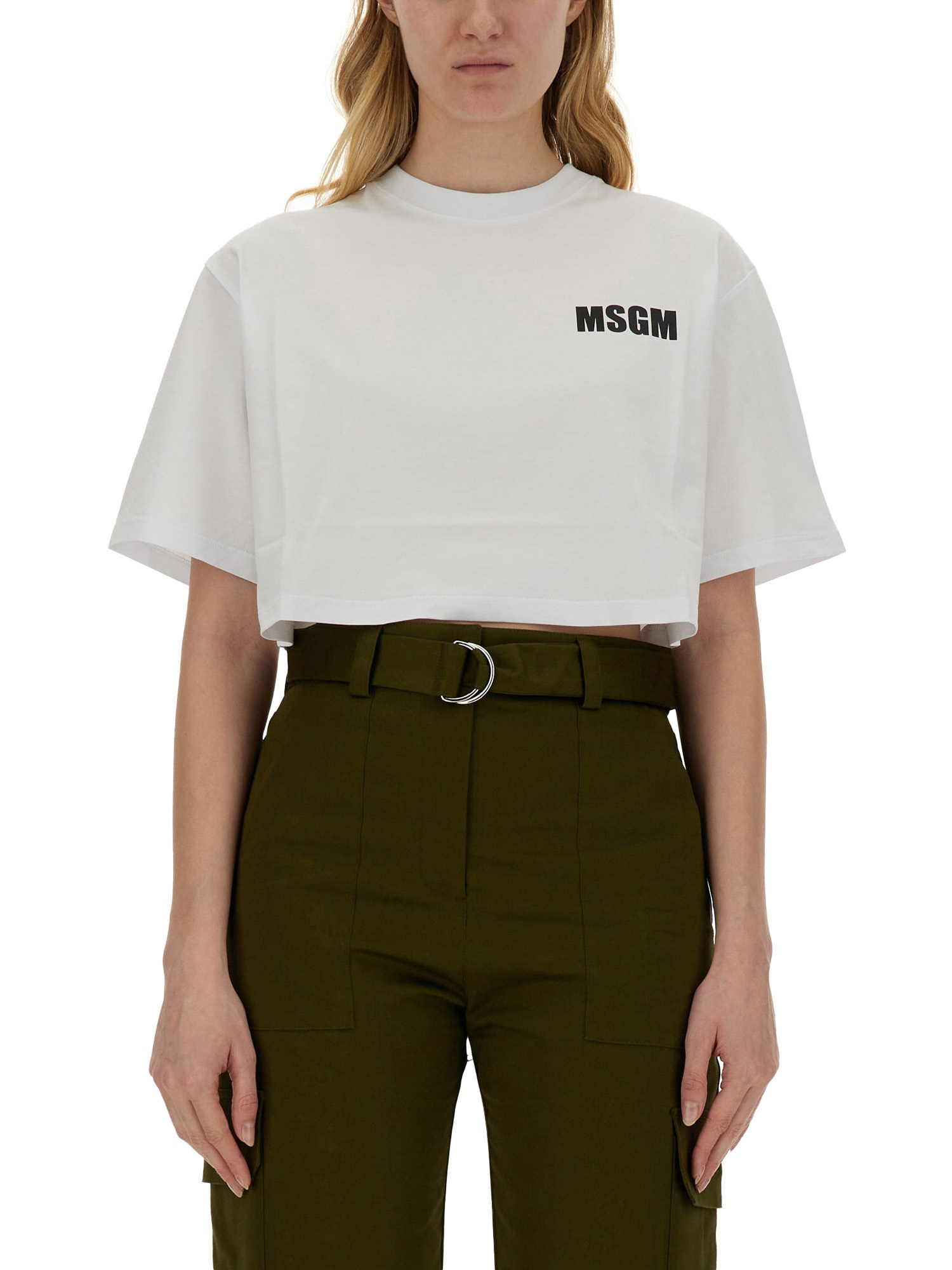 Msgm White Crop T-shirt With Logo Print On The Front And Maxi Print On The Back In White