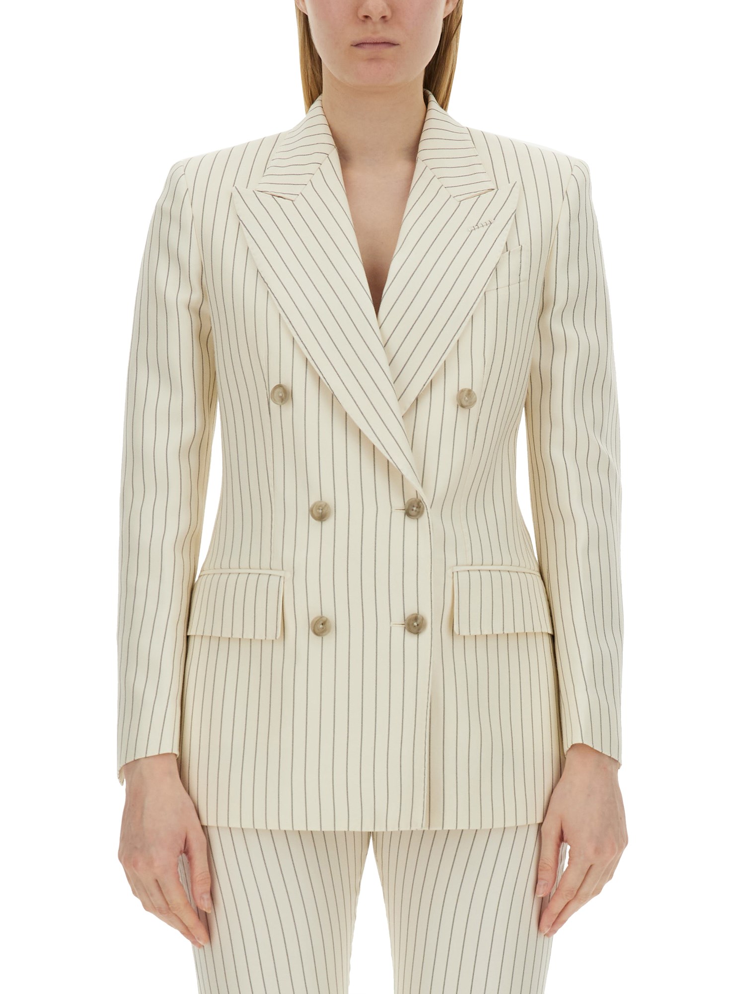 Tom Ford Striped Double-breasted Wool-blend Blazer In Powder