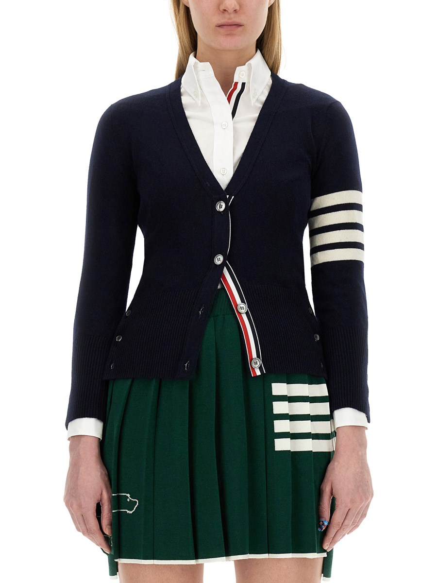 THOM BROWNE CARDIGAN SCOLLO A V IN CASHMERE