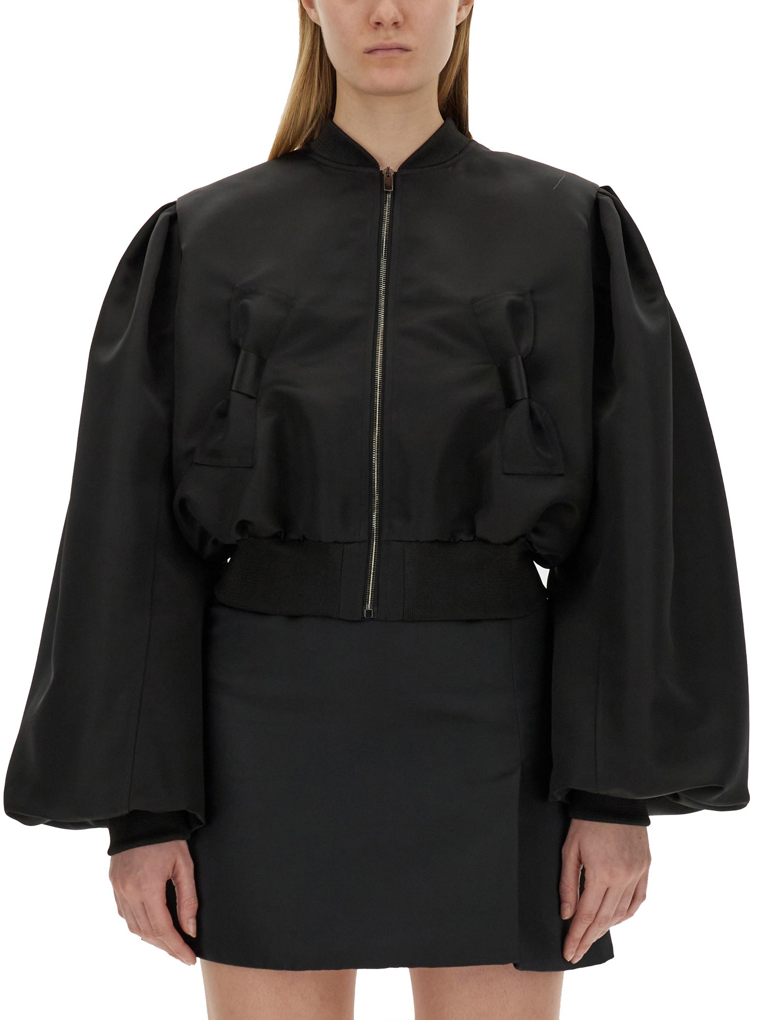 Nina Ricci Cropped Satin Bomber Jacket In Black