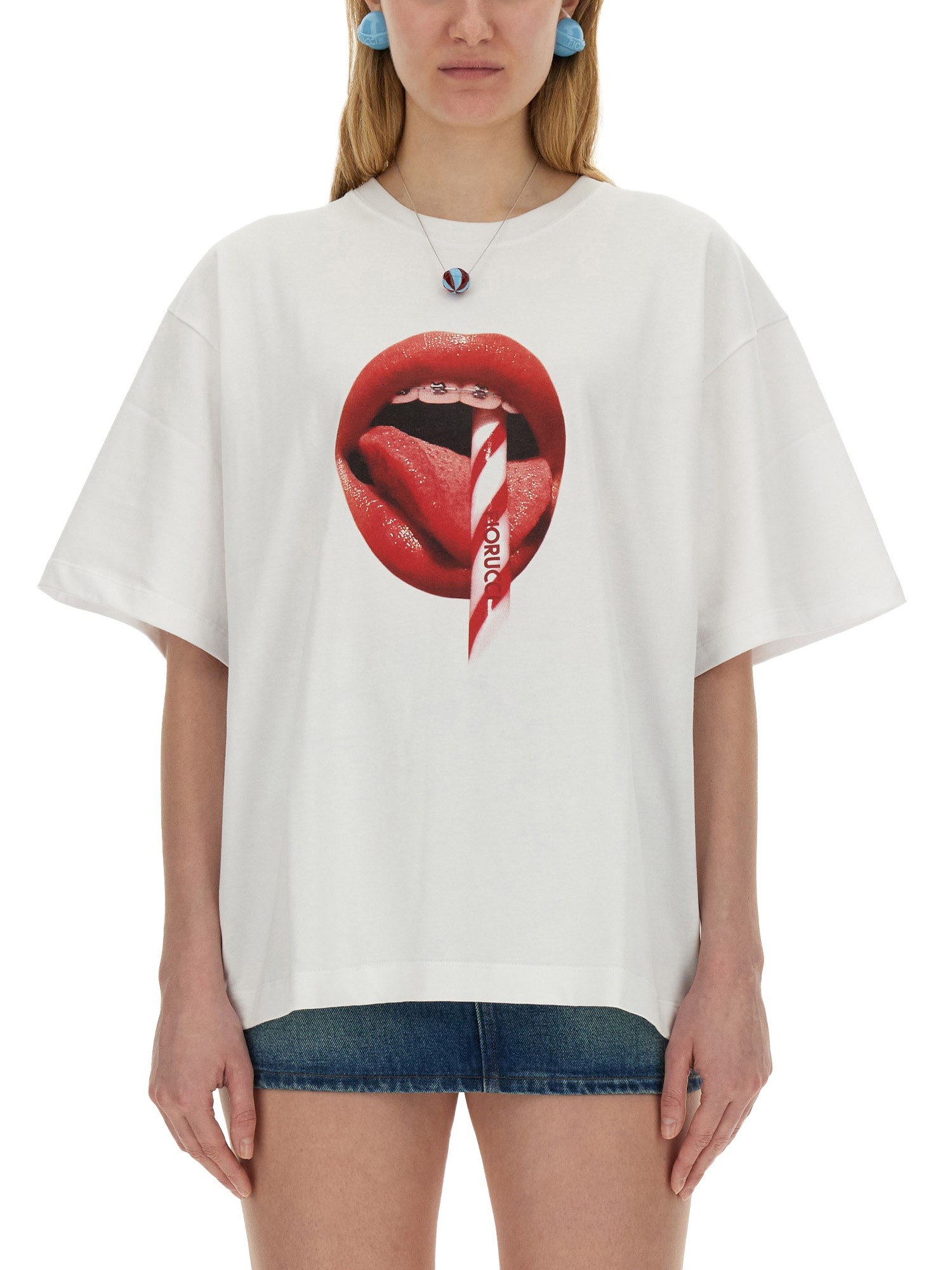 Shop Fiorucci T-shirt With Mouth Print In White