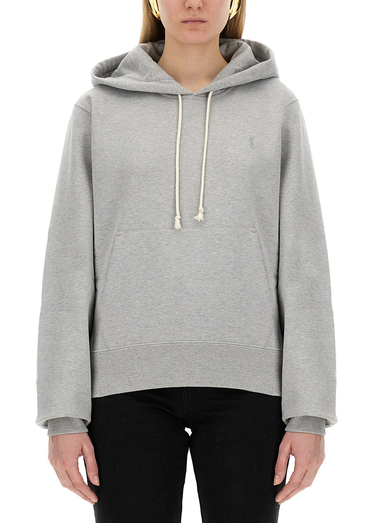 Saint Laurent Cassandre Embroidered Cotton Hoodie In Grey