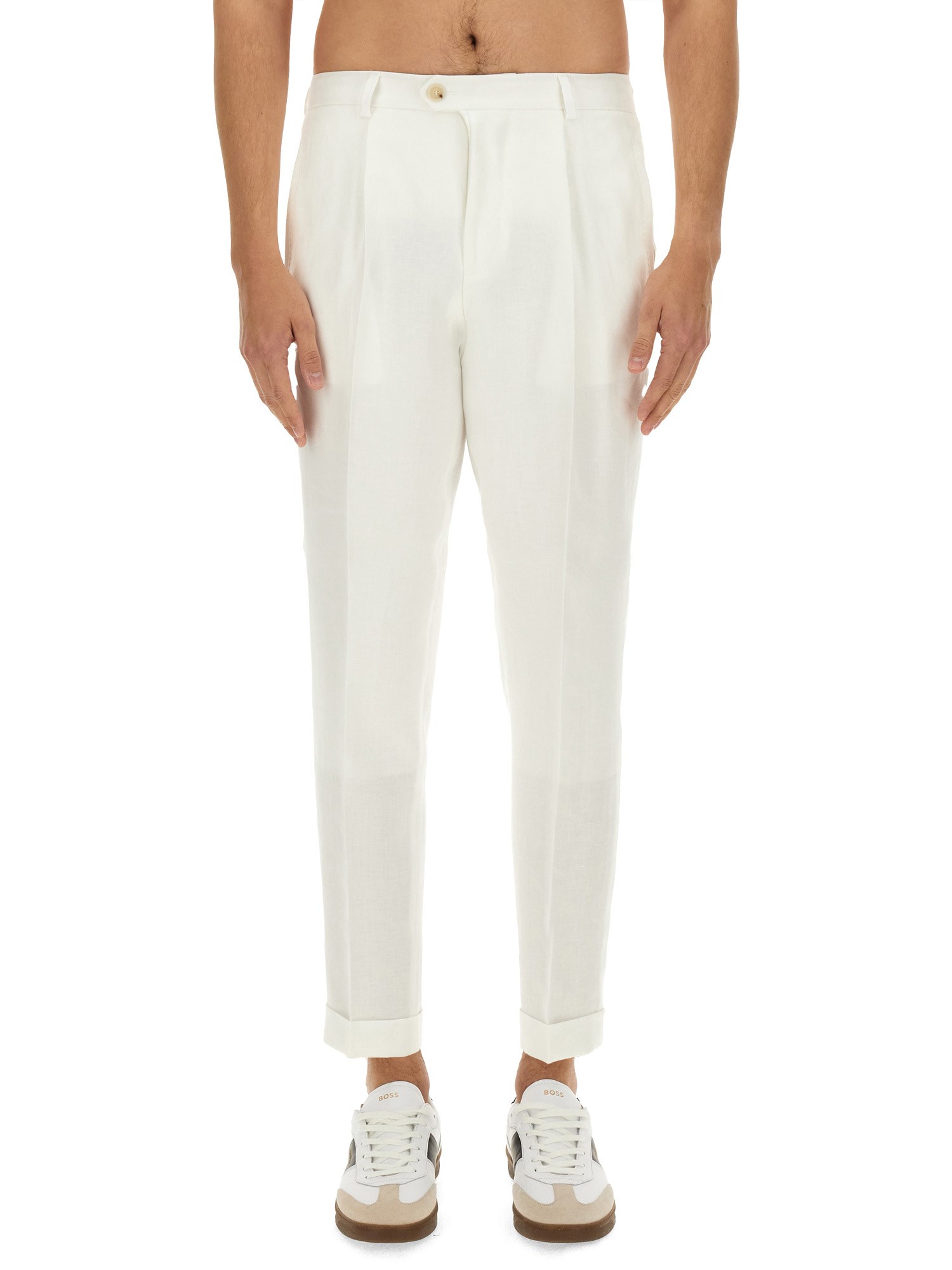 Shop Boss Camel Linen Pants In White