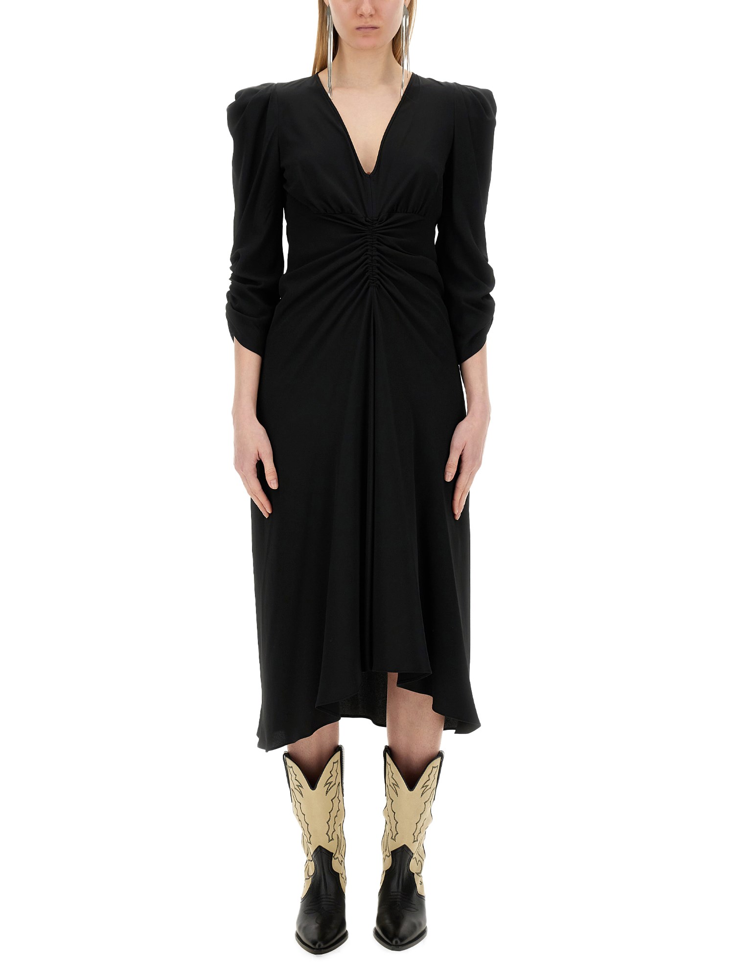 Isabel Marant Albini Ruched Three-quarter Sleeve Dress In Black