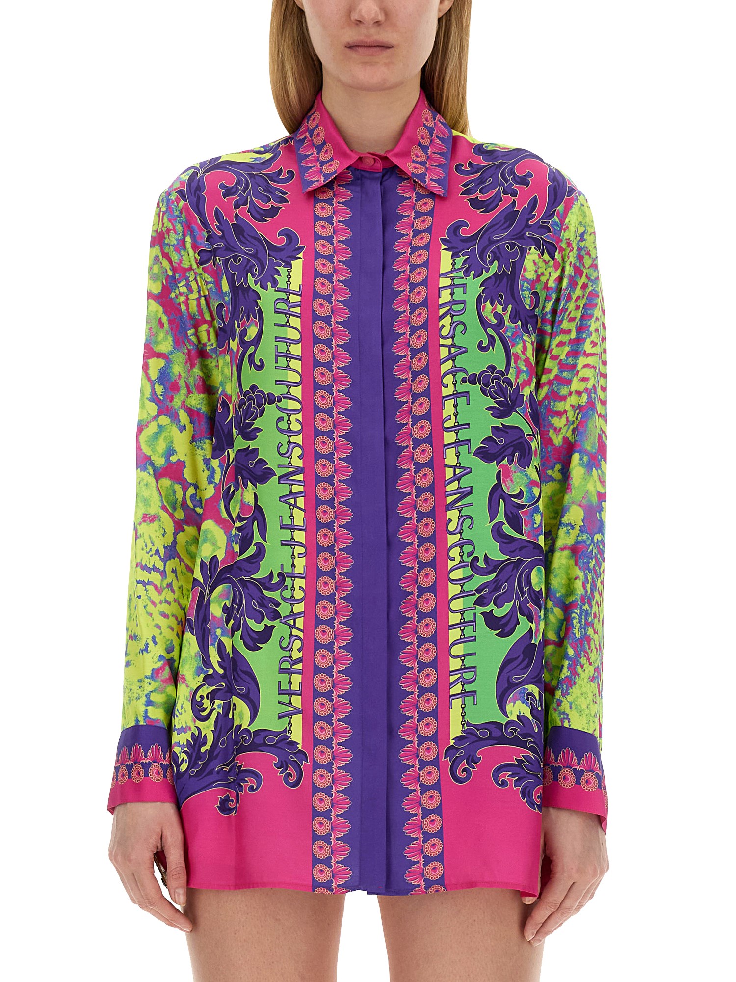 Versace Jeans Couture Printed Logo Shirt Collared Neck In Multicolour