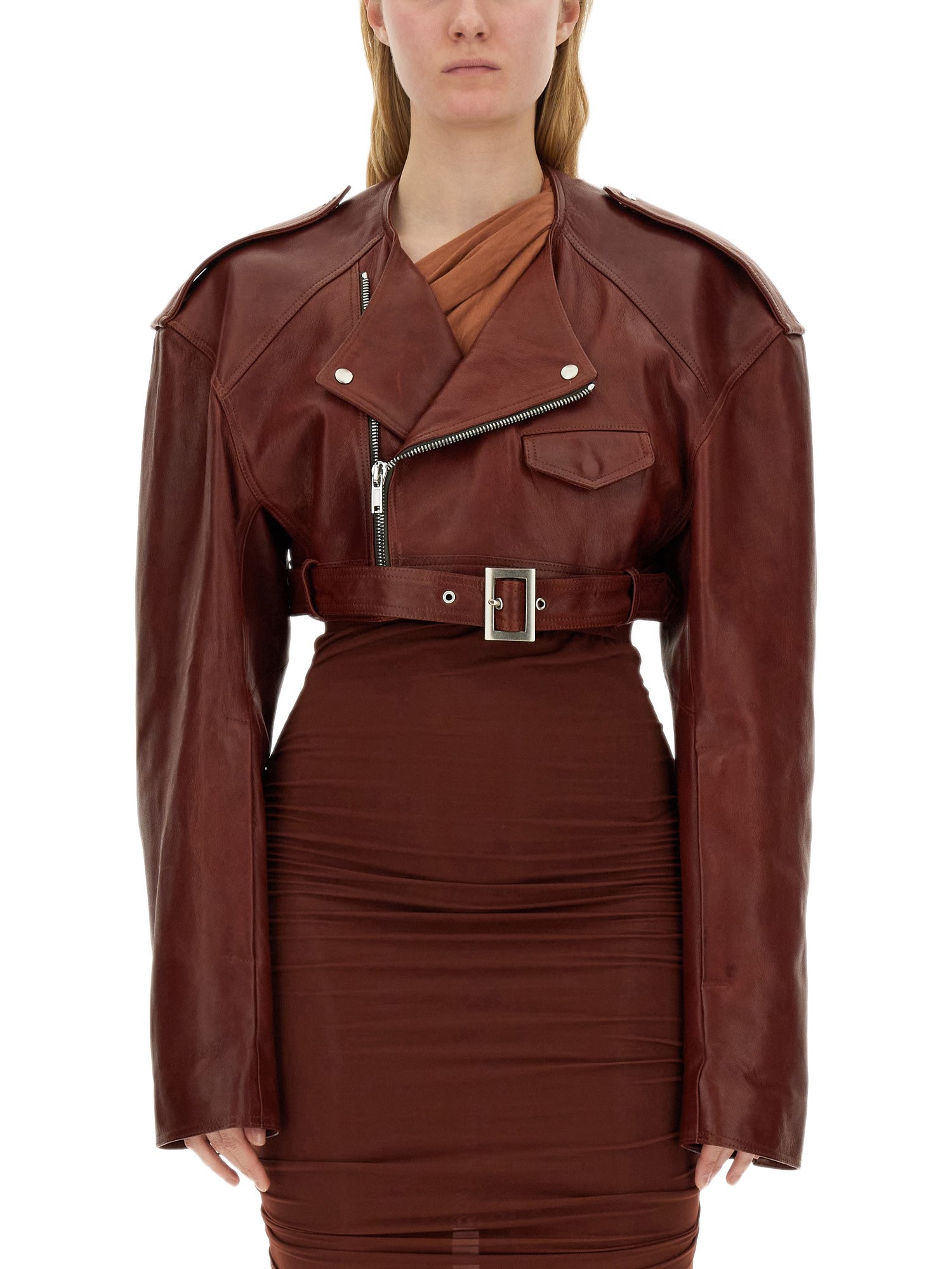 Rick Owens Cropped Biker Jacket Jackets Brown In Bordeaux