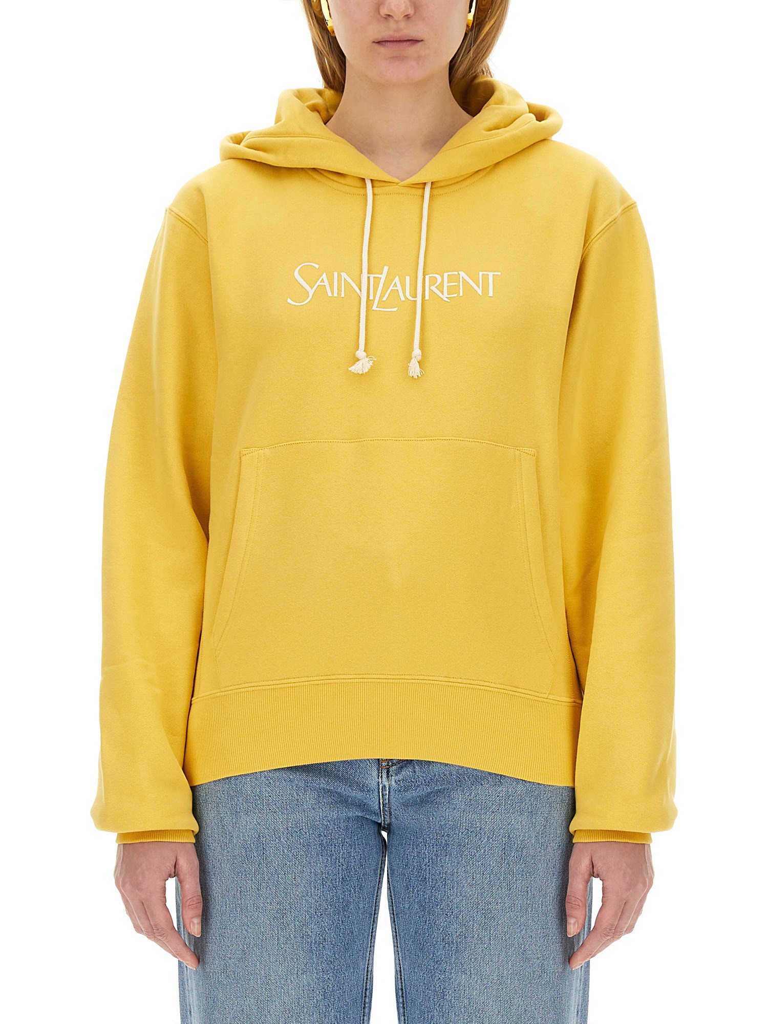 Saint Laurent Biologic Cotton Oversize Sweatshirt With Embroidered Logo In Yellow