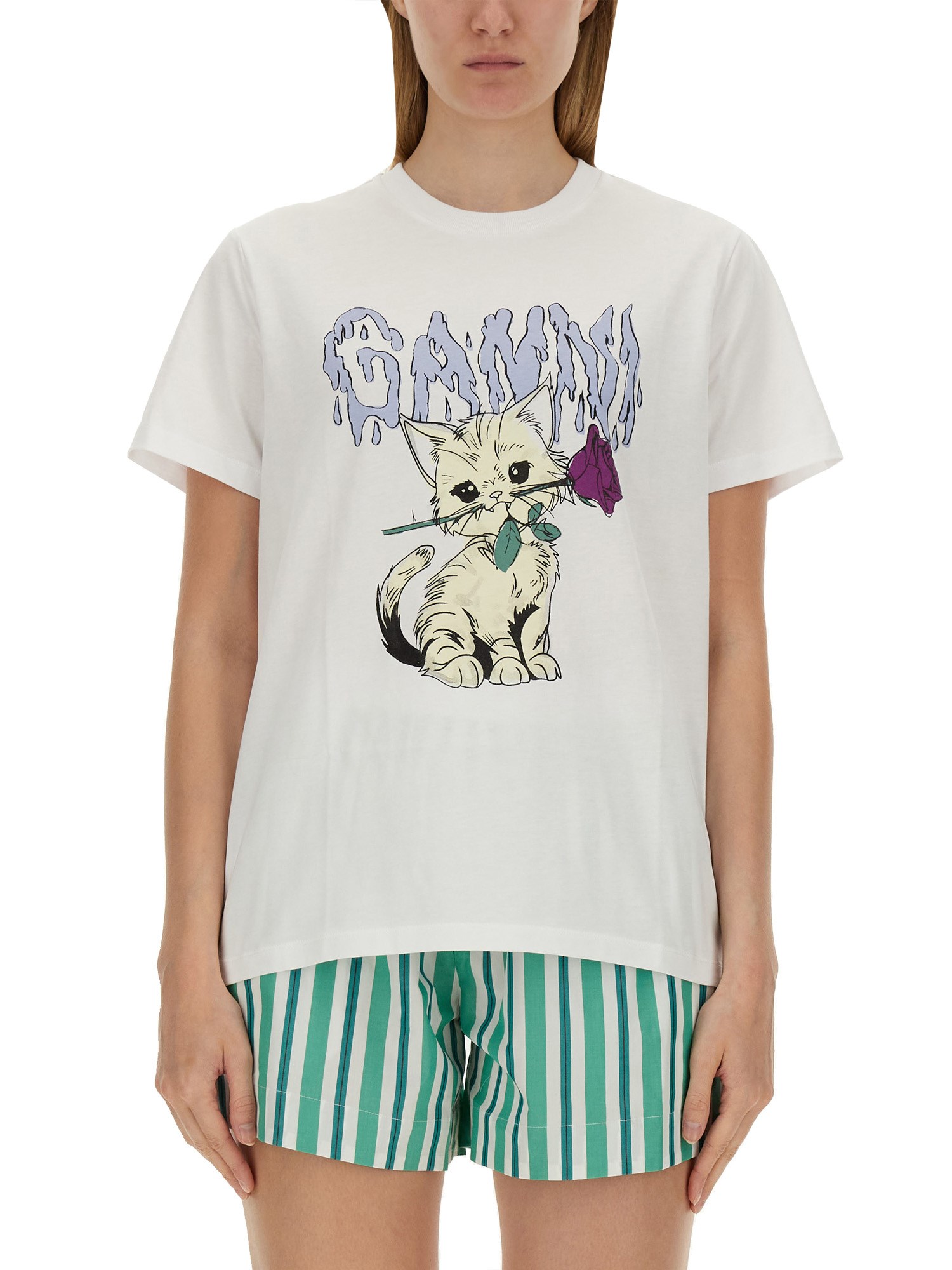 Ganni T-shirt Cat In White